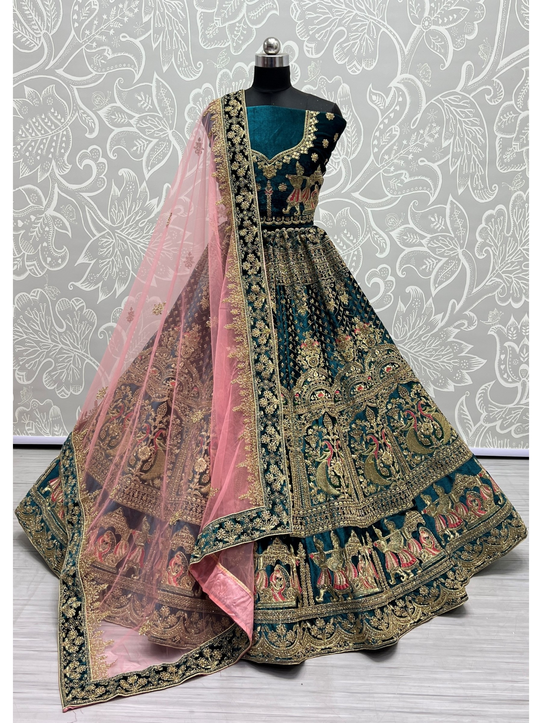 Pure Micro Velvet Wedding Wear Lehenga In Teal Green Color With Embroidery Work 