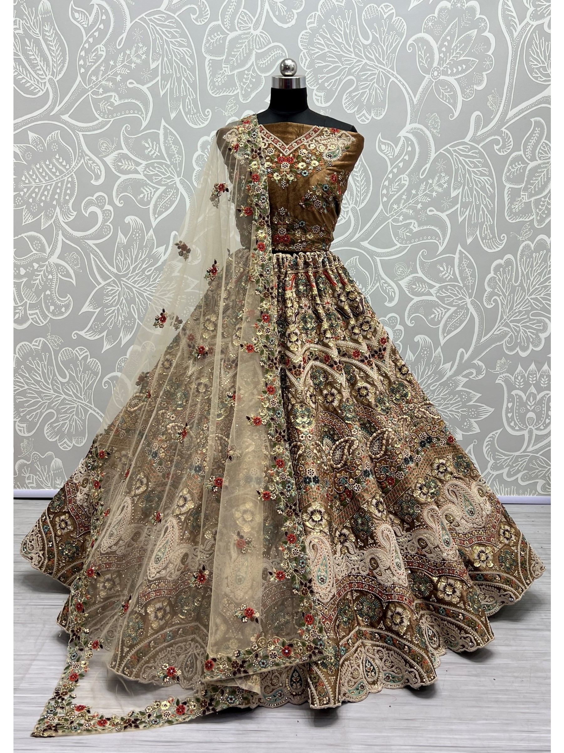 Pure Micro Velvet Bridal  Wear Lehenga In Brown Color With Embroidery Work 