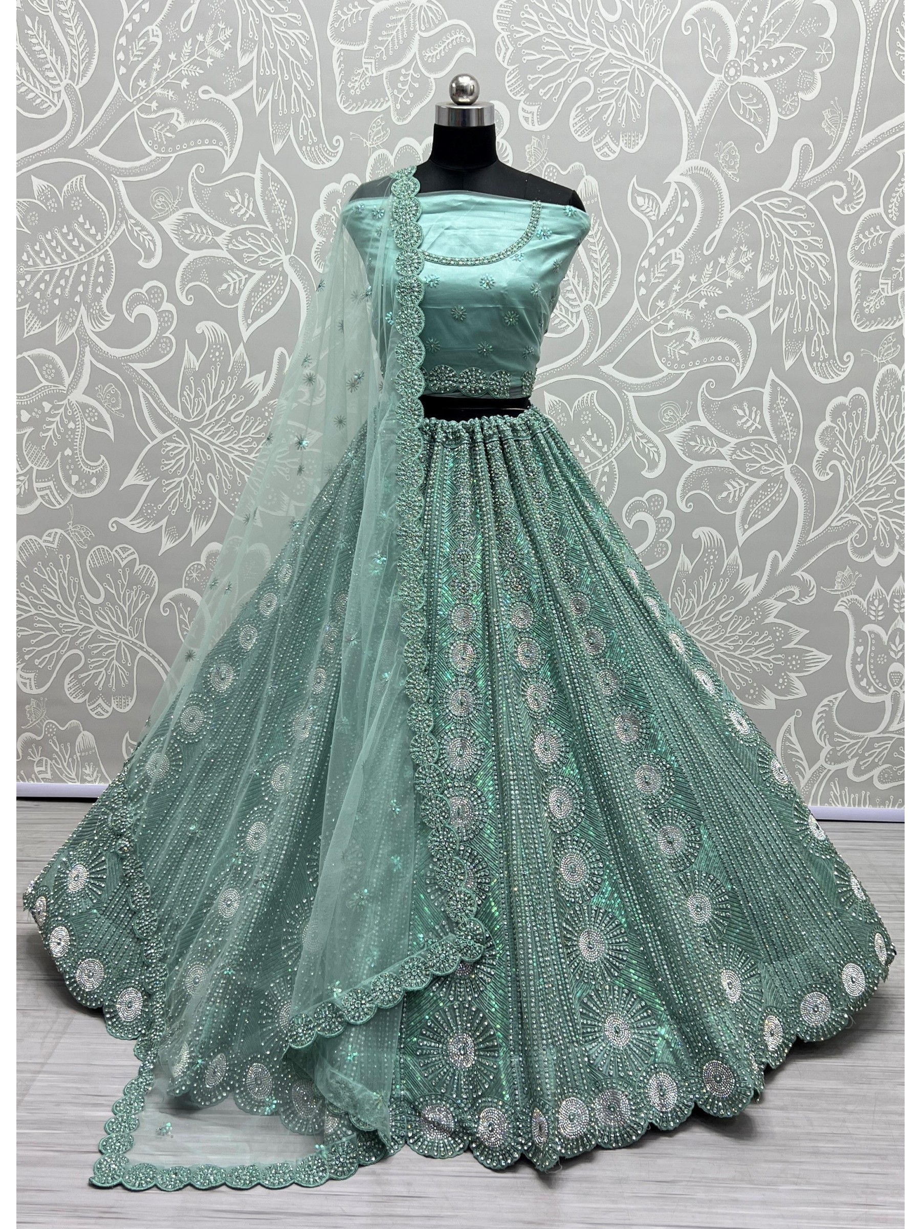 Soft Premium Net Wedding Wear Lehenga In Sea Green Color  With Embroidery Work