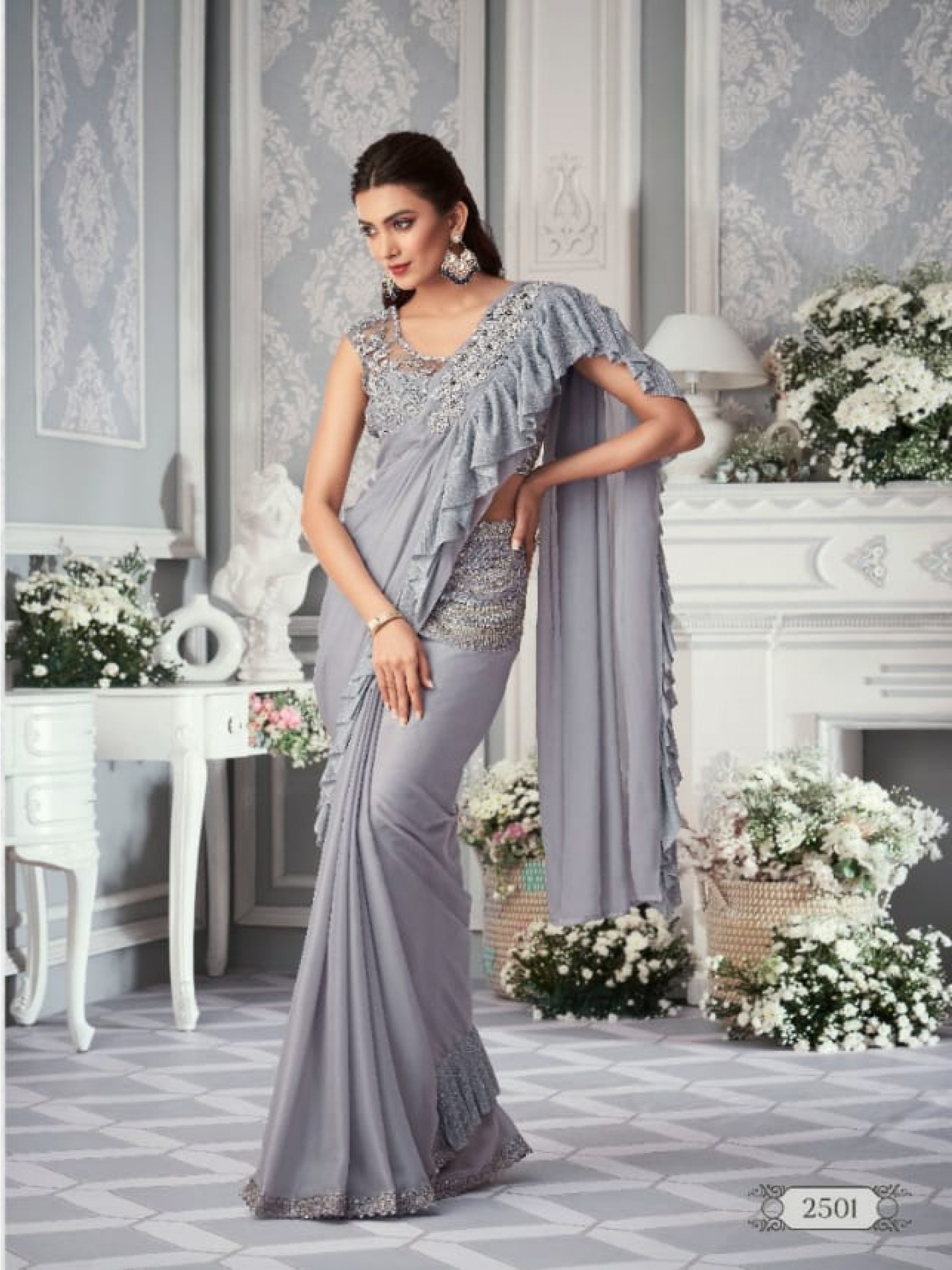 Sateen Organza  Saree In Grey Color With Embroidery Work