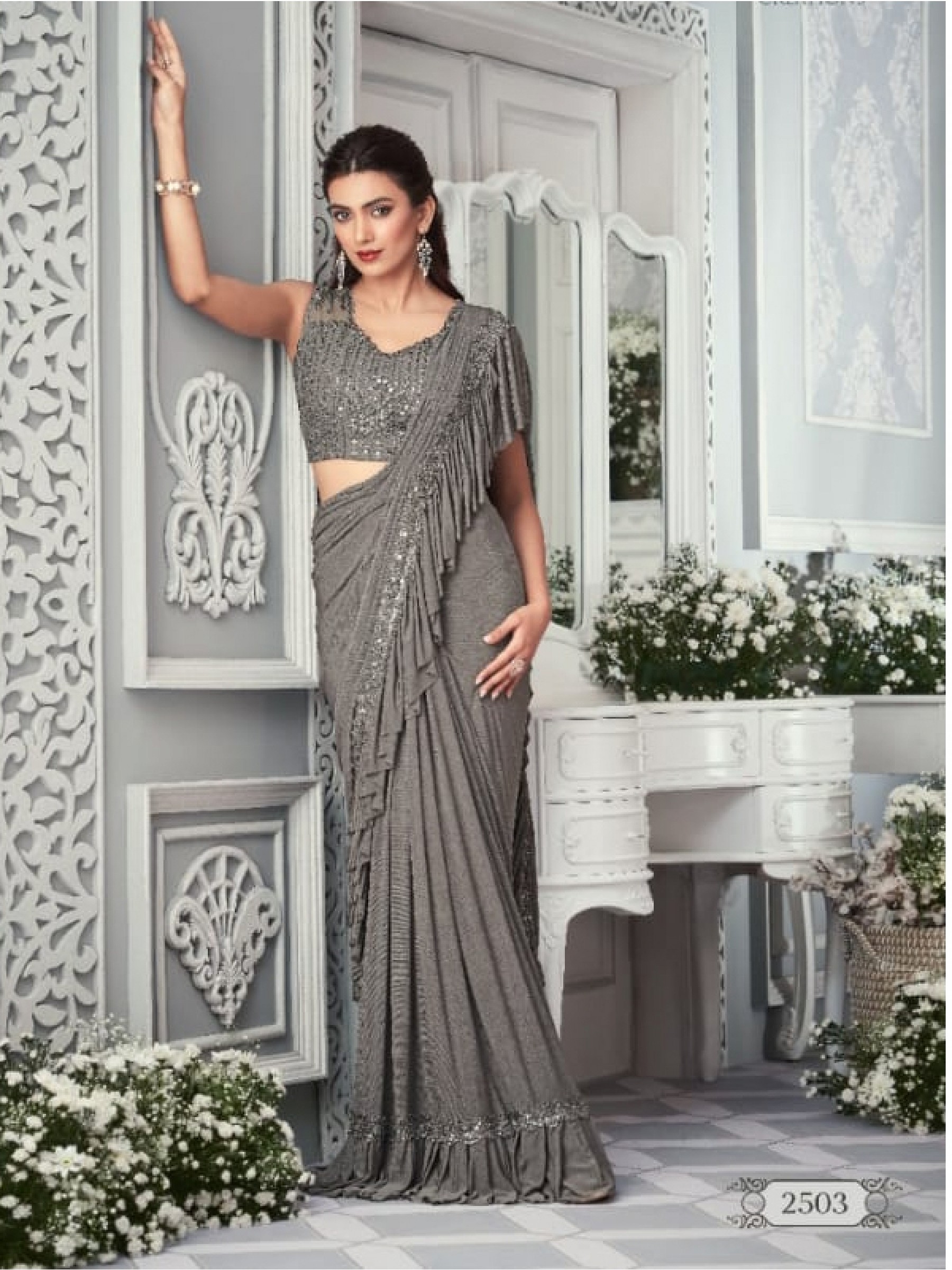 Laycra Party Wear Saree In Grey Color With Embroidery Work
