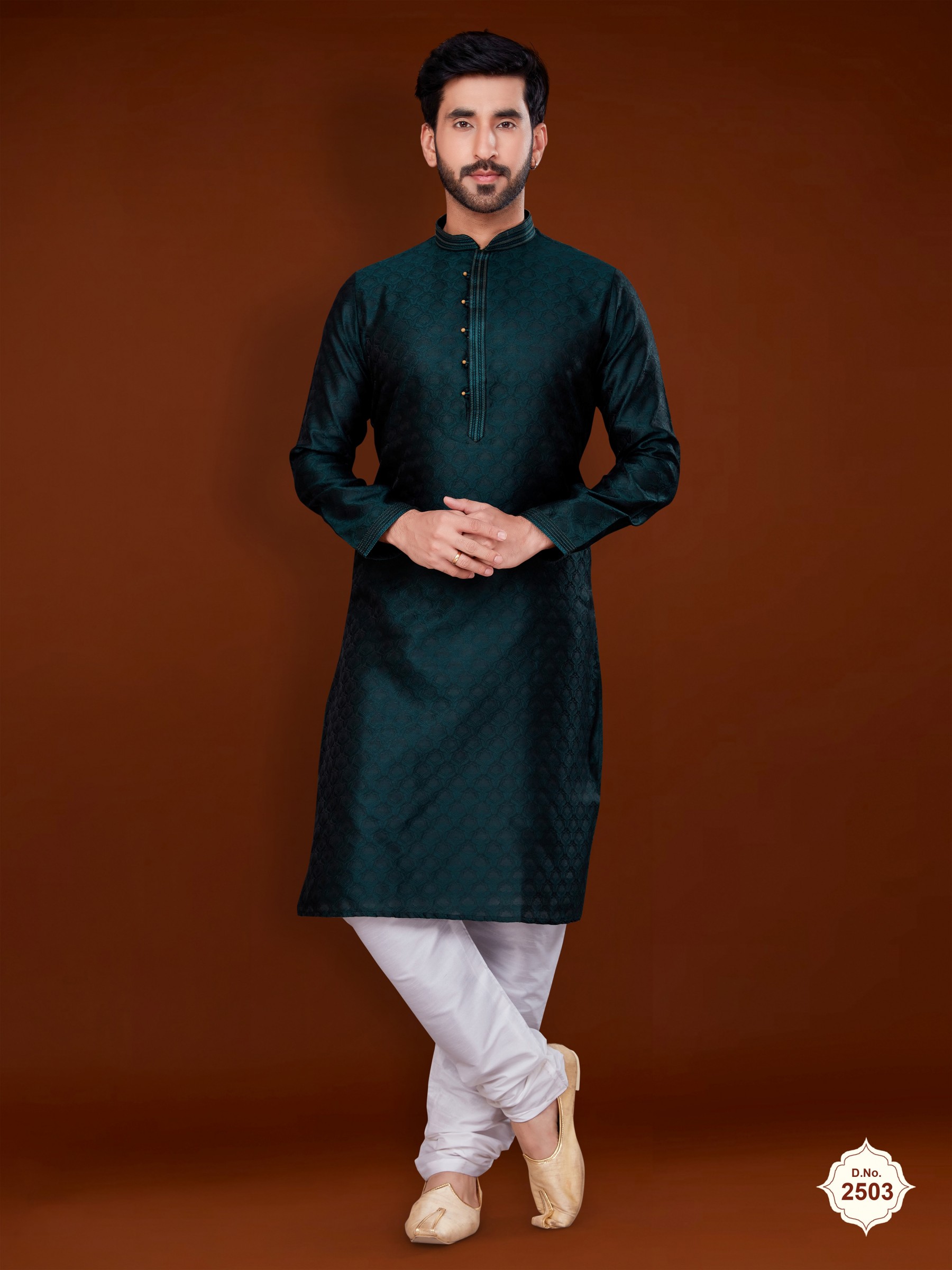 Jacquard Silk Wedding Wear Readymade Kurta set in Golden