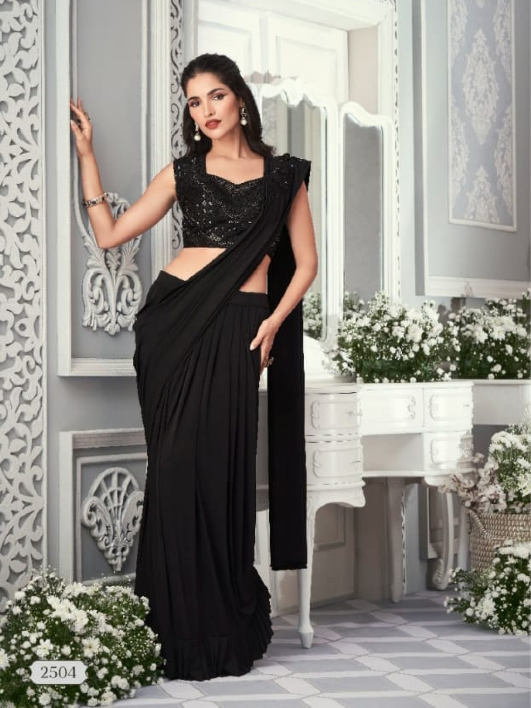 Laycra Party Wear Saree In Black Color With Embroidery Work
