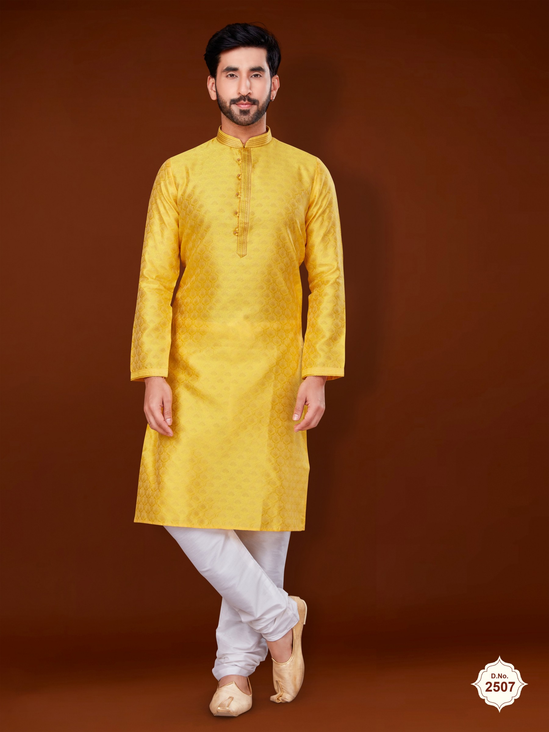 Jacquard Silk Wedding Wear Readymade Kurta set in Yellow 
