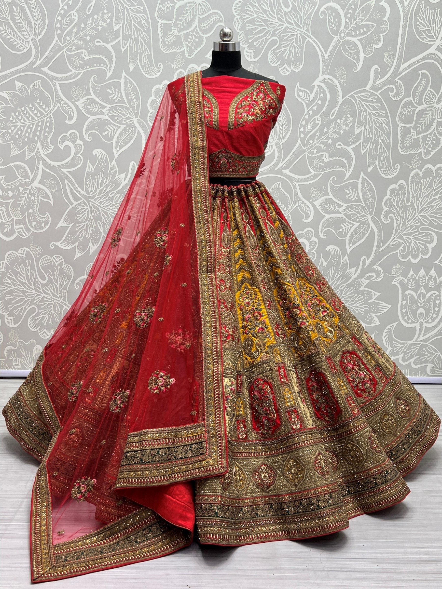 Silk Wedding Wear Lehenga In Red & Yellow Color  With Embroidery Work