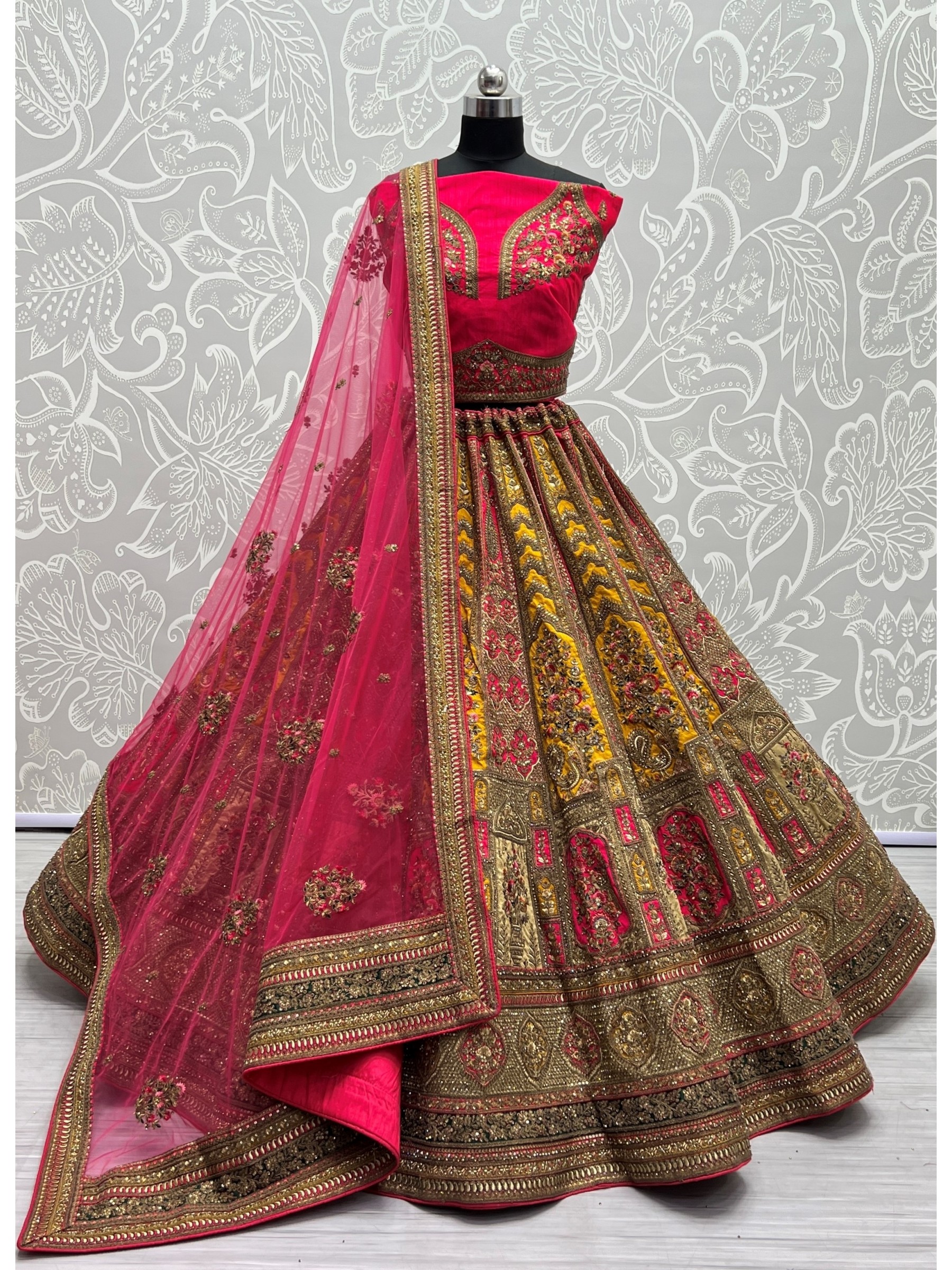 Silk Wedding Wear Lehenga In Pink & Yellow Color  With Embroidery Work