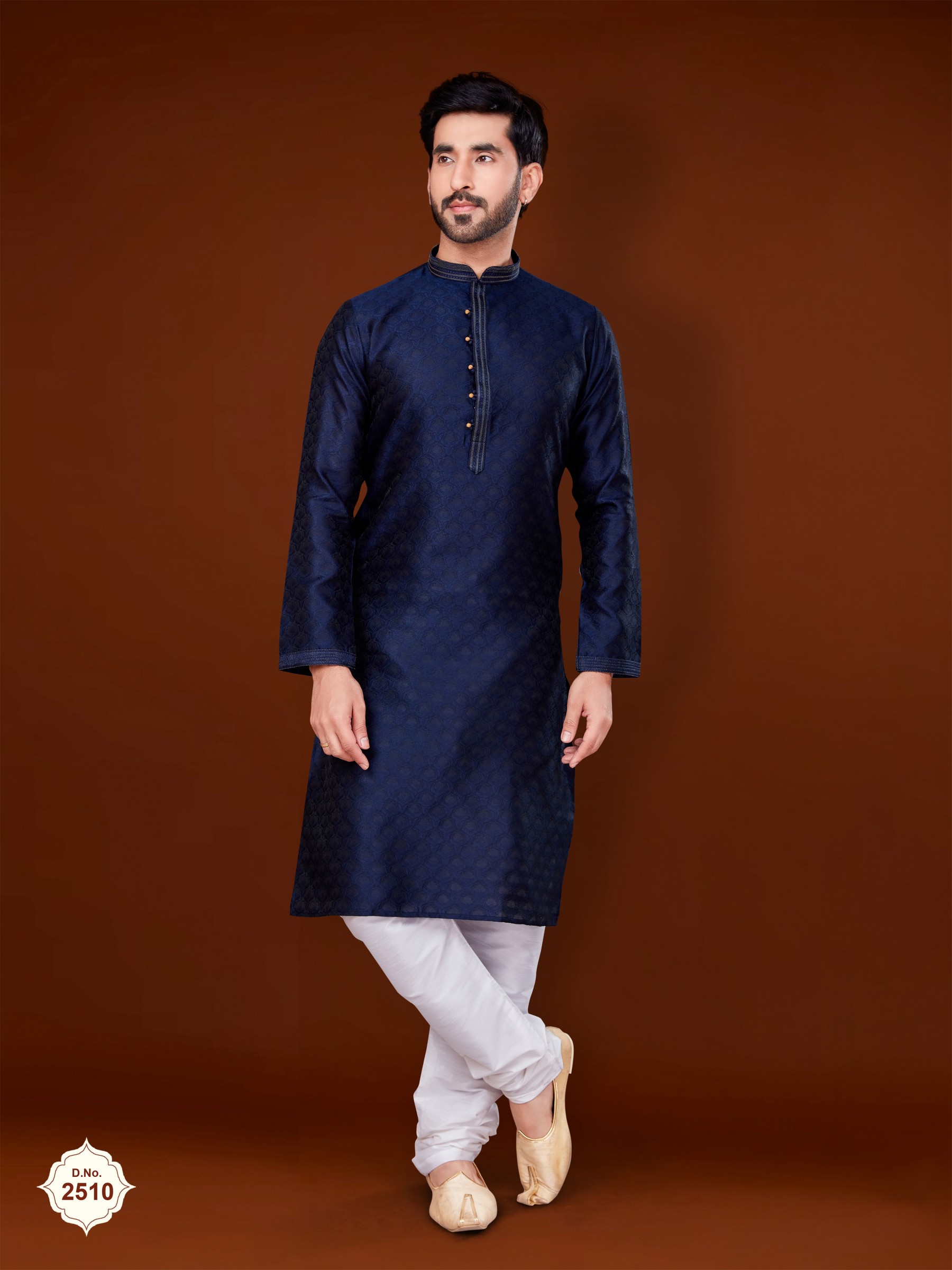 Jacquard Silk Wedding Wear Readymade Kurta set in Navy Blue 