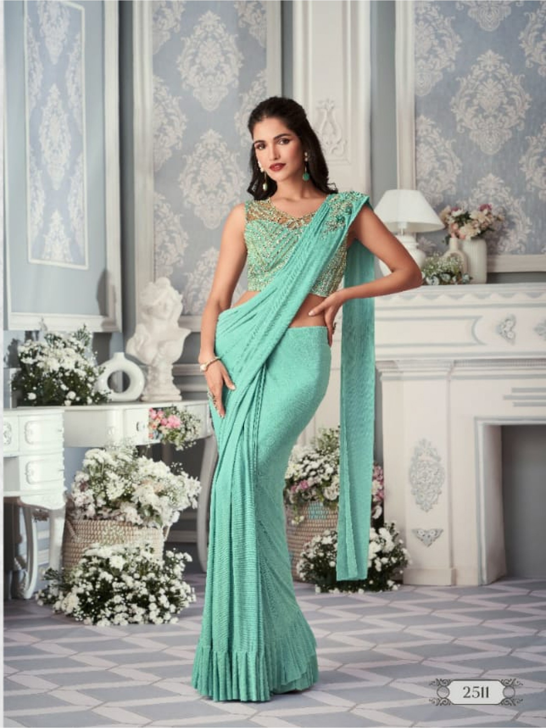 Laycra Party Wear Saree In Sea Green Color With Embroidery Work