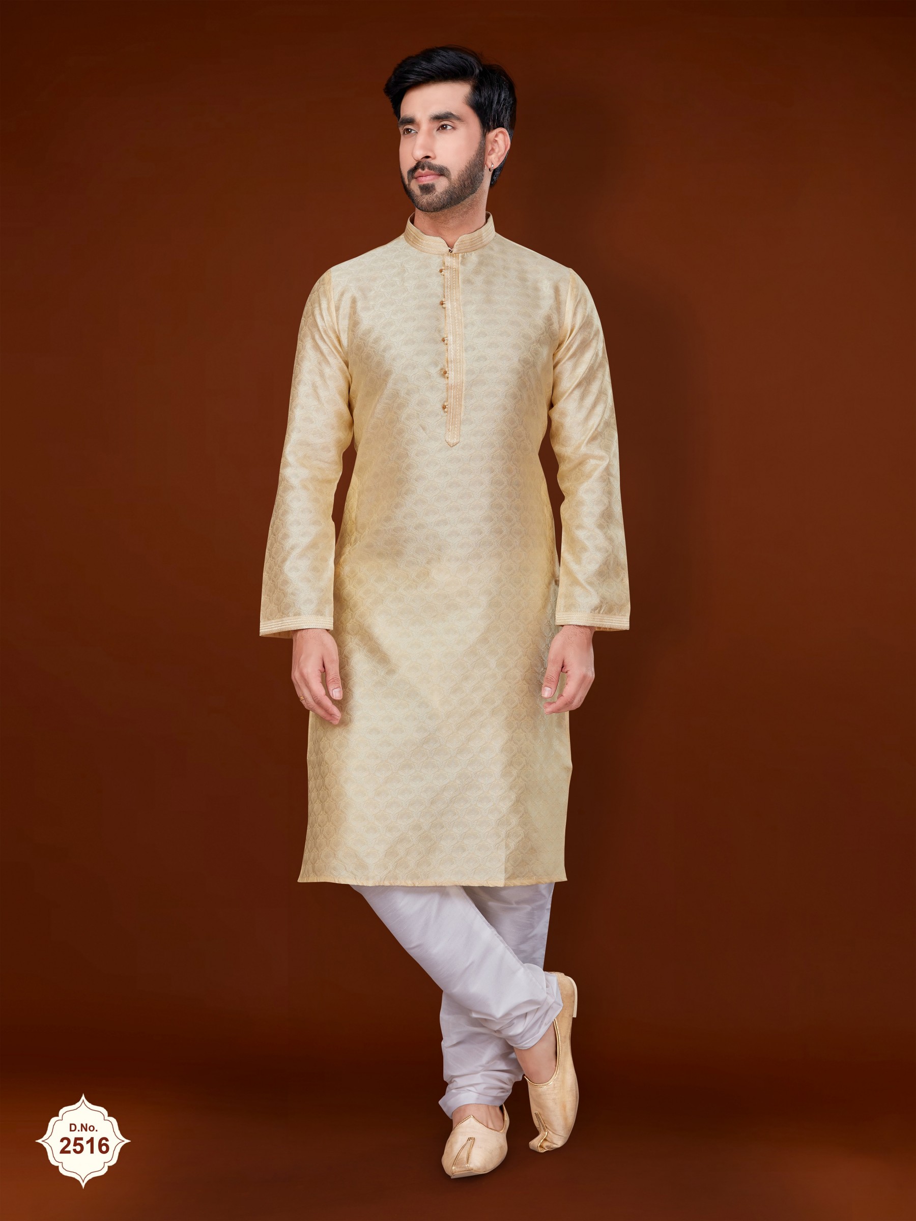 Jacquard Silk Wedding Wear Readymade Kurta set in Cream 