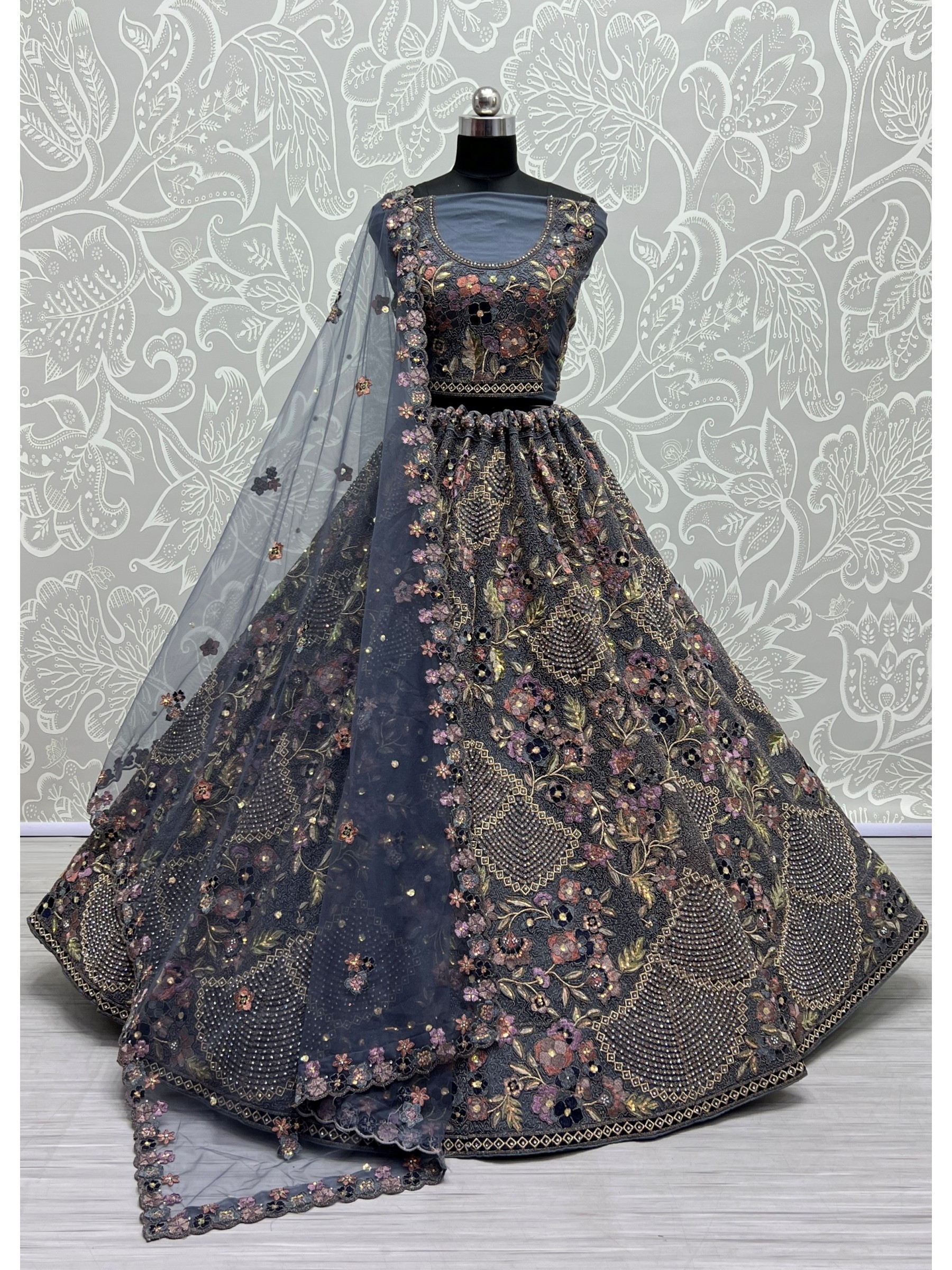 Soft Premium Net Wedding Wear Lehenga In Grey Color  With Embroidery Work