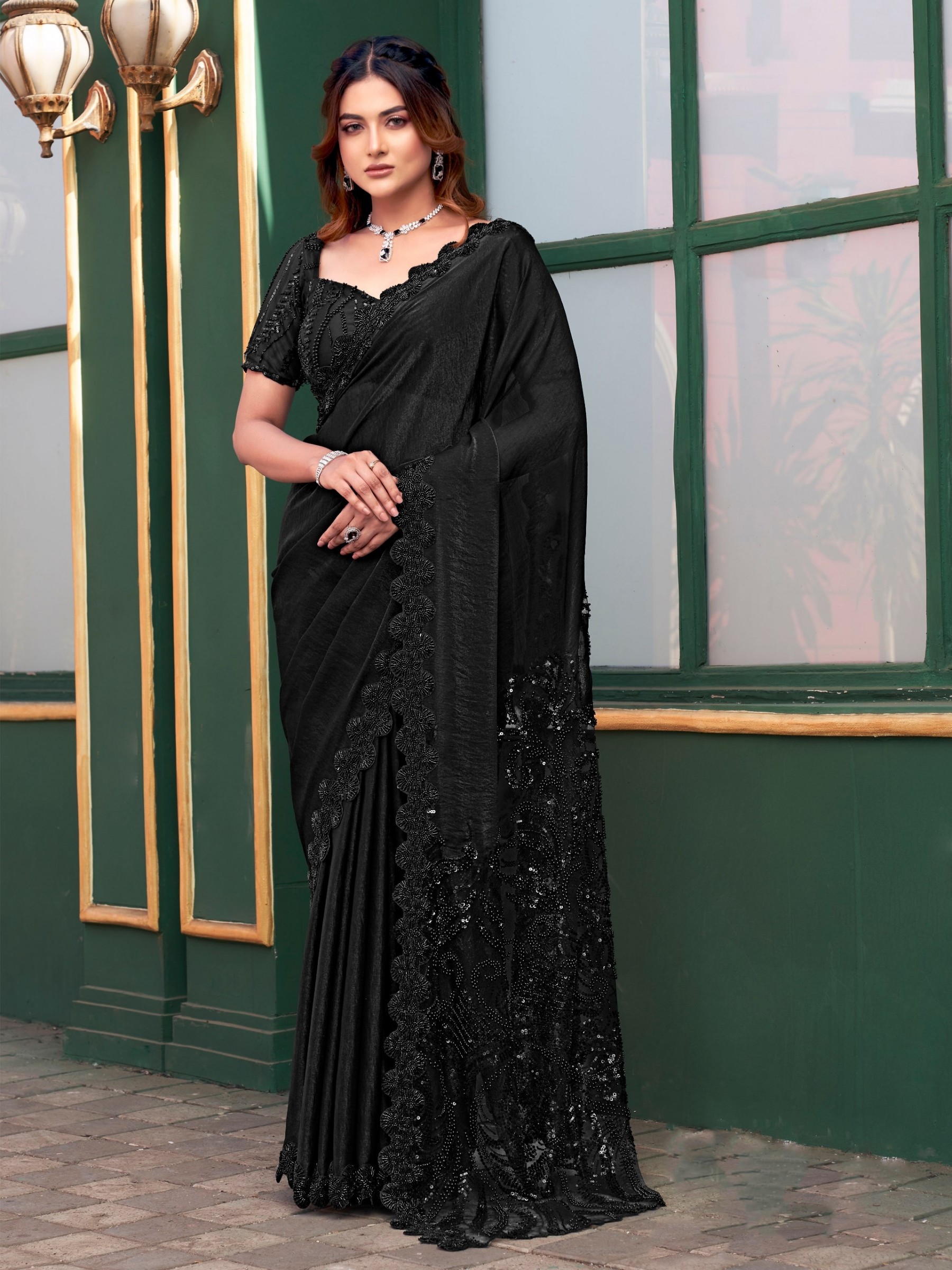 Armani Tulle Silk Party wear Saree In Black Color with Hand Work 