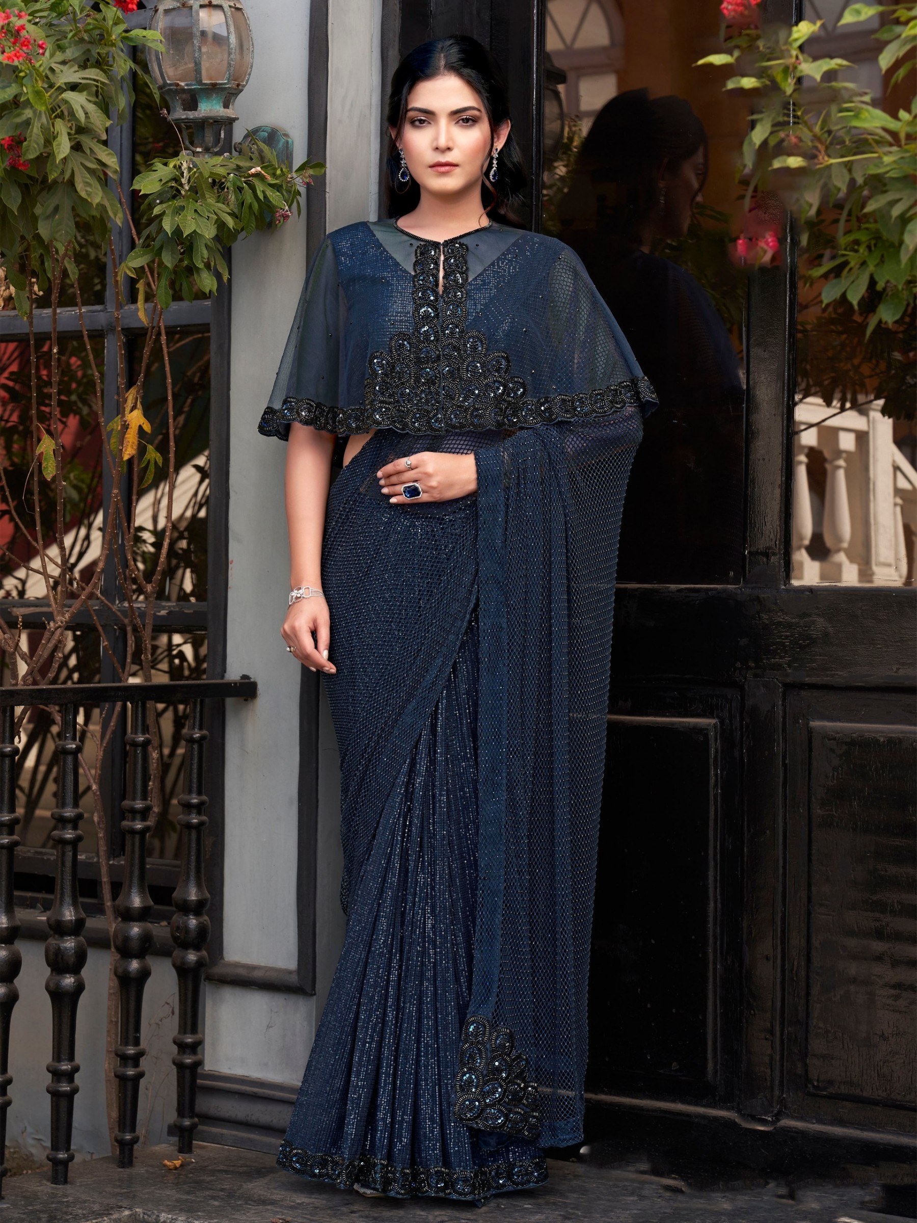 Armani Tulle Silk Party wear Saree In Blue Color with Hand Work 