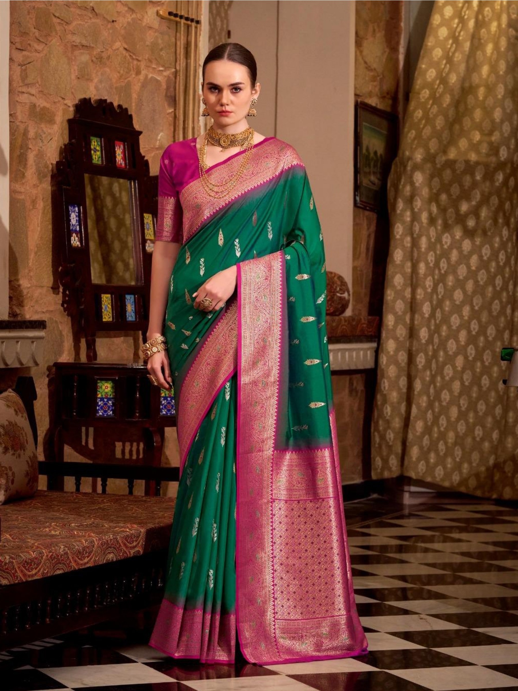 Soft Silk Party wear Saree In Green Color with Zari Weaving 
