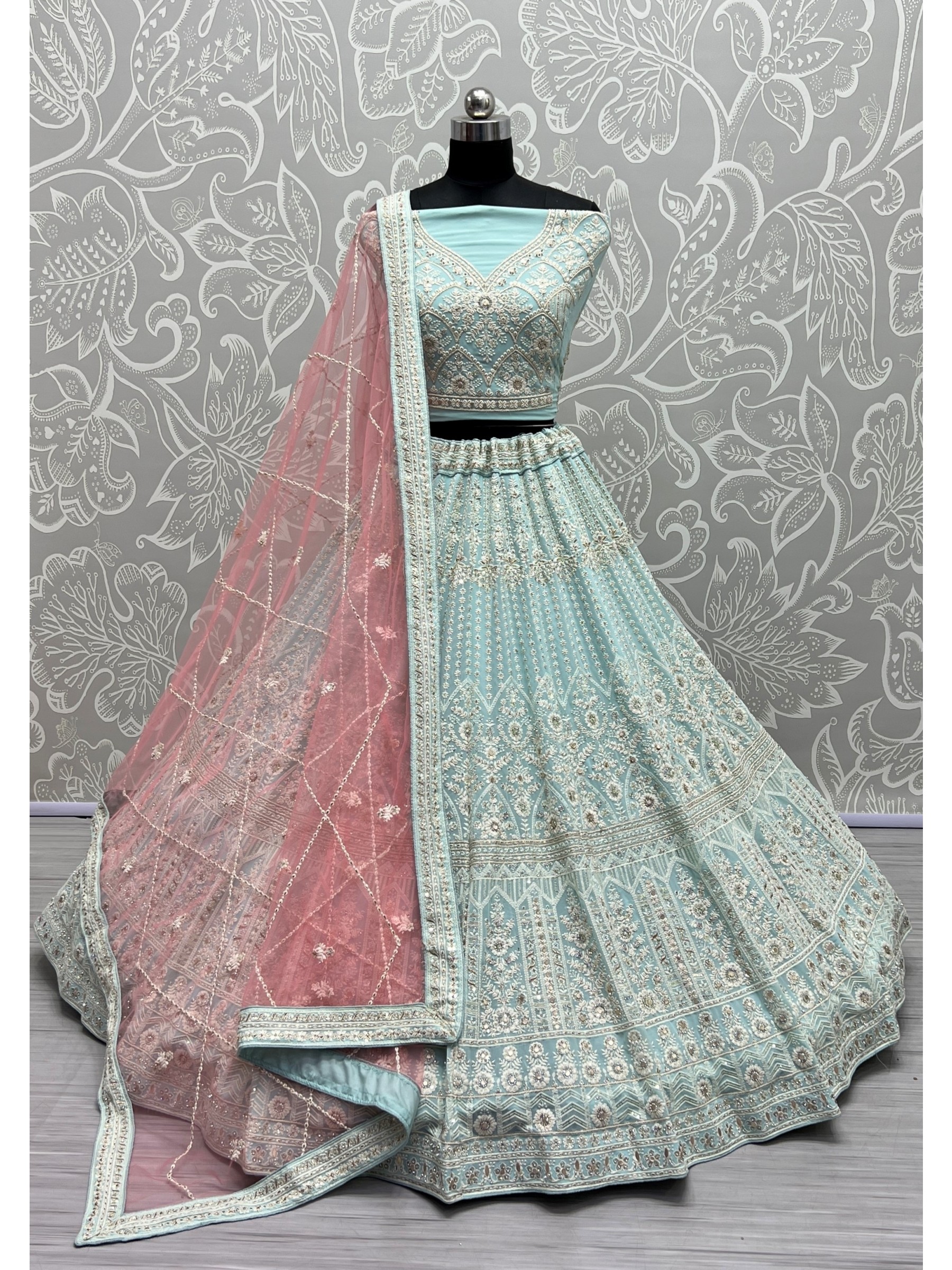Pure Georgette Party  Wear Lehenga In Turquoise Color With Embroidery Work 