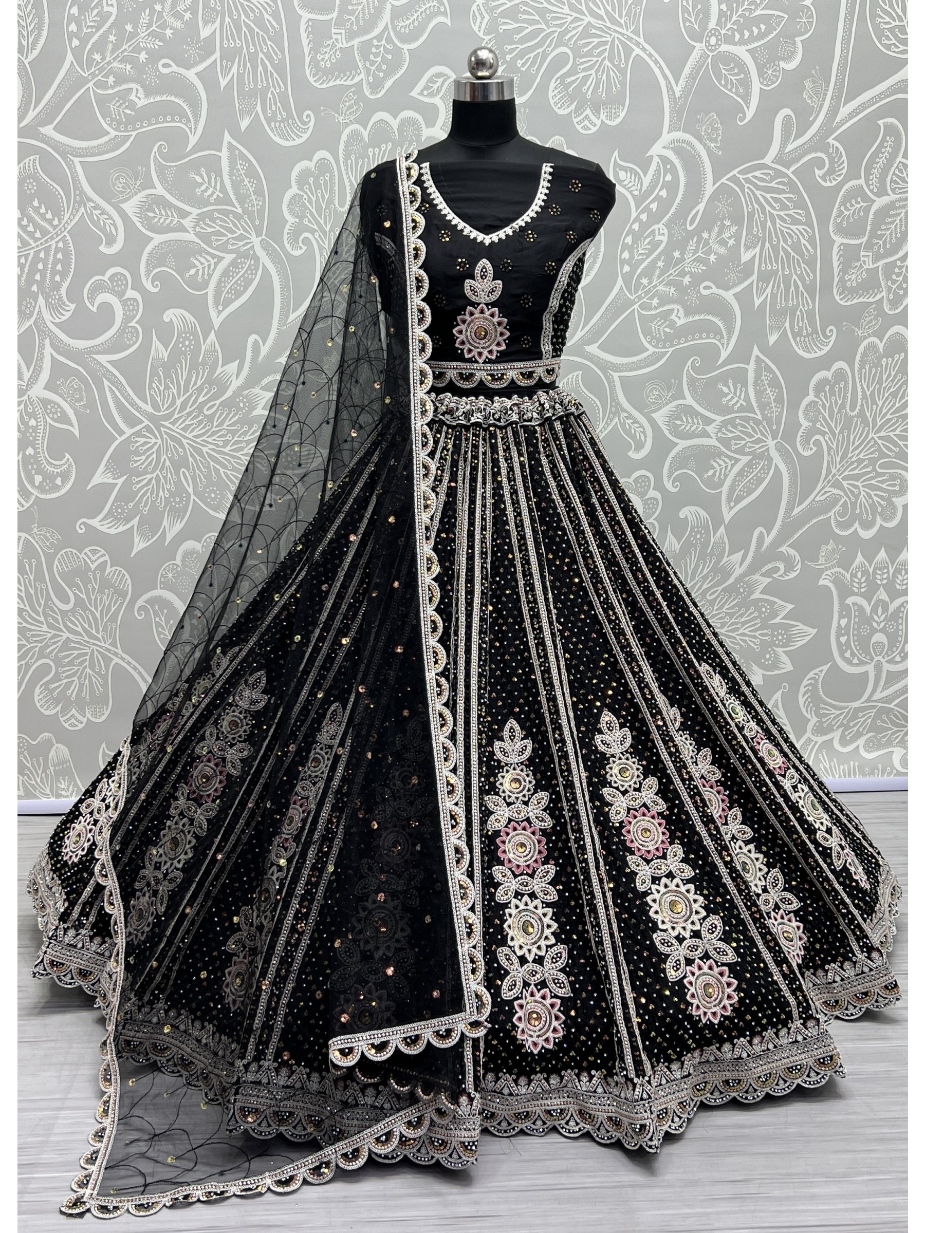 Soft Premium Net Wedding Wear Lehenga In Black Color  With Embroidery Work