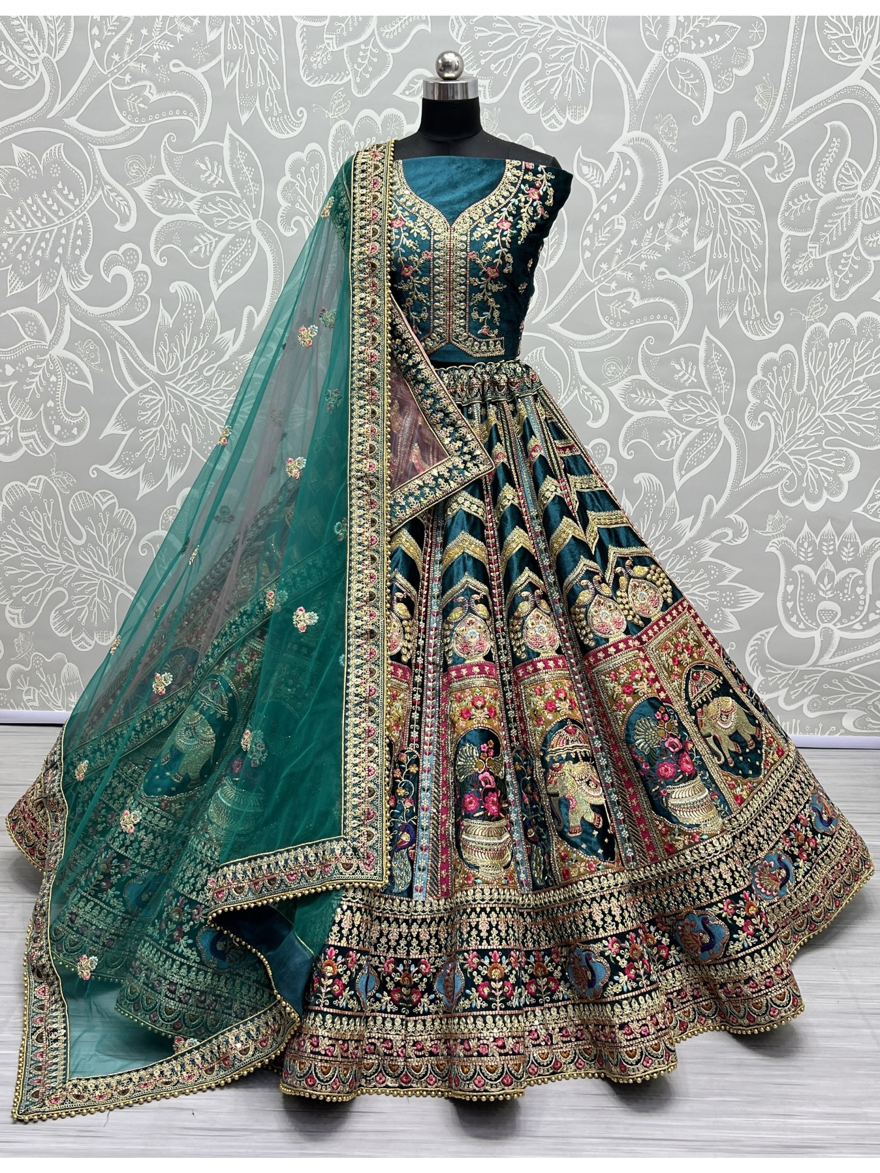 Pure Micro Velvet Bridal  Wear Lehenga In Teal Blue Color With Embroidery Work 