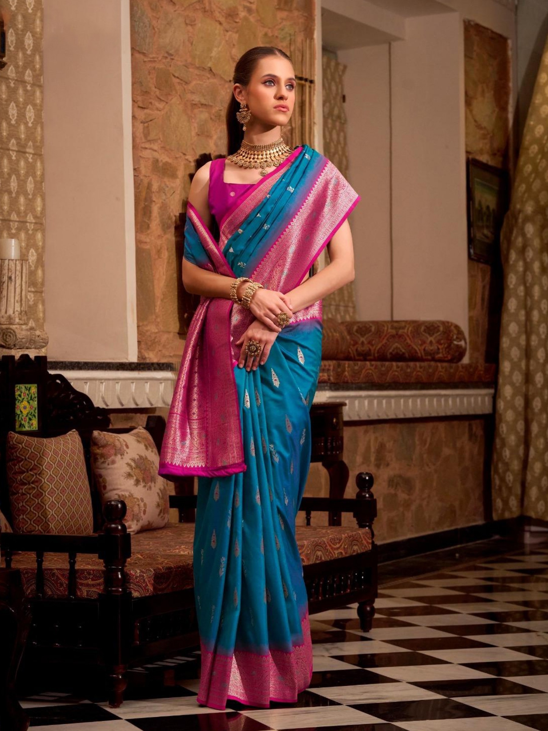 Soft Silk Party wear Saree In Blue Color with Zari Weaving 