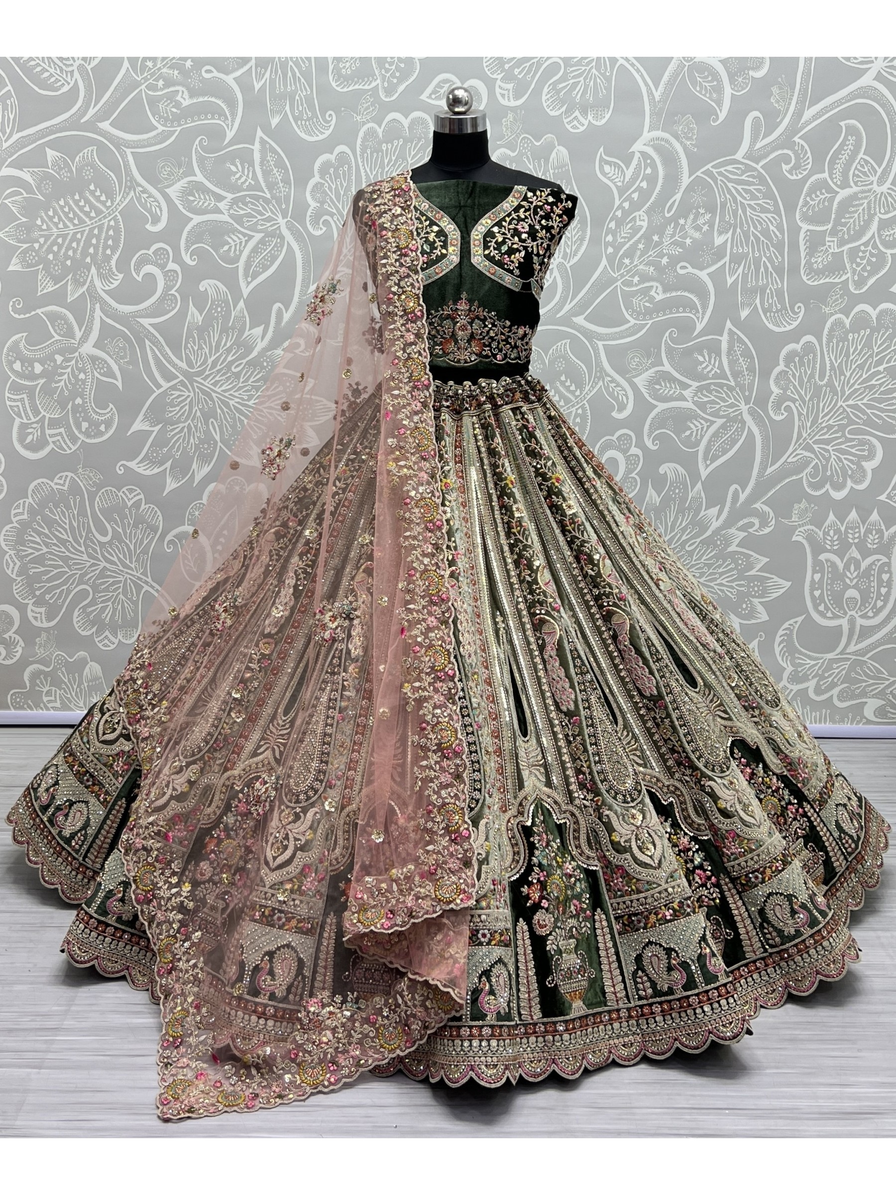Pure Micro Velvet Bridal  Wear Lehenga In Green Color With Embroidery Work 