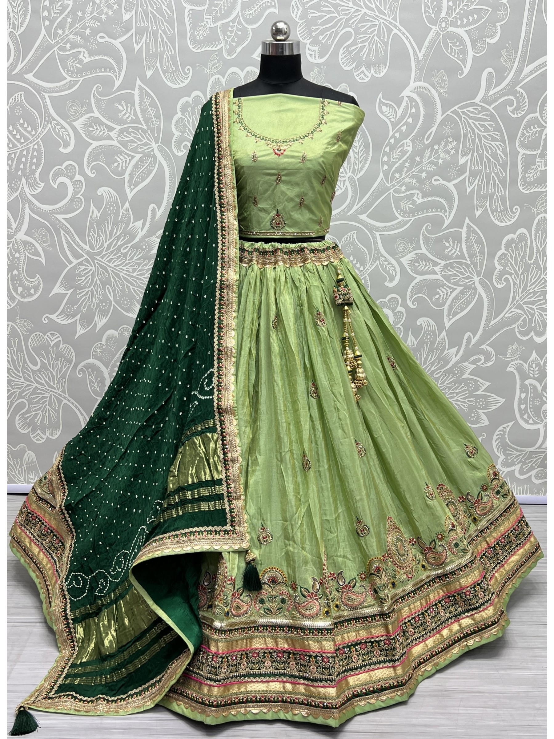 Pure Gadhwal silk  Wedding Wear Lehenga In Green Color  With Embroidery Work