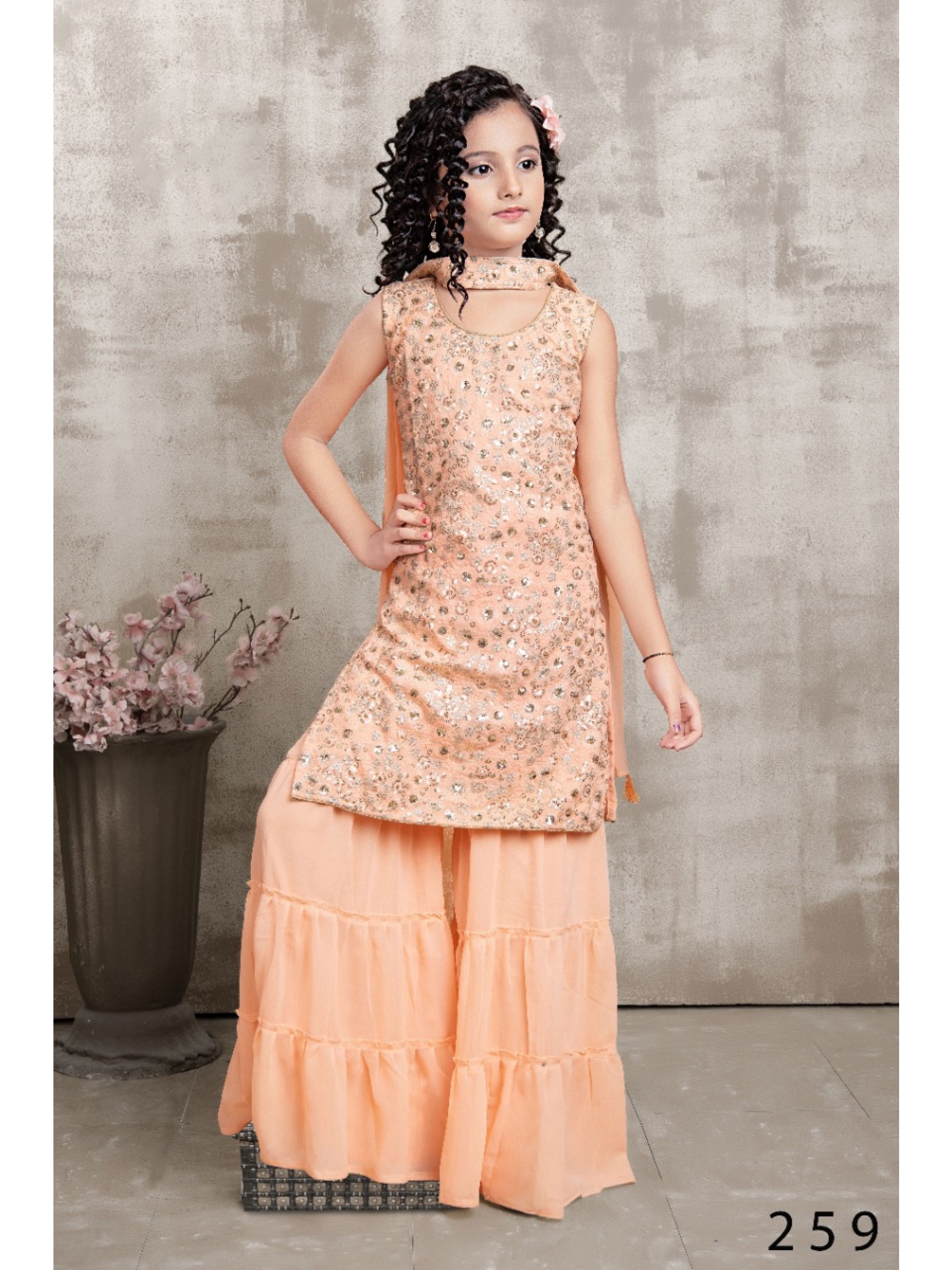 Fox Georgette Party Wear Kids Sharara In Peach With Embroidery Work 