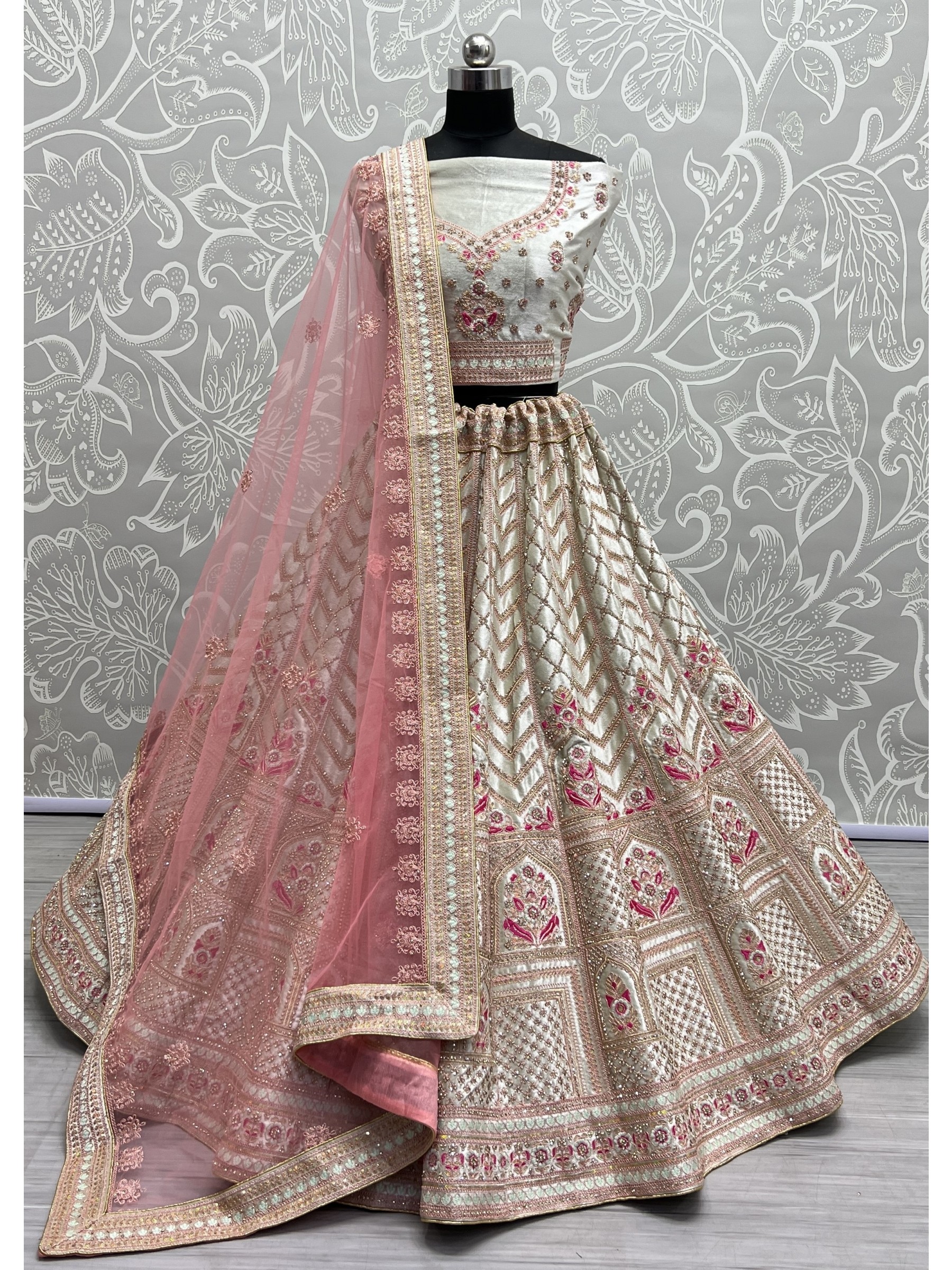 Pure Micro Velvet Bridal  Wear Lehenga In White Color With Embroidery Work 