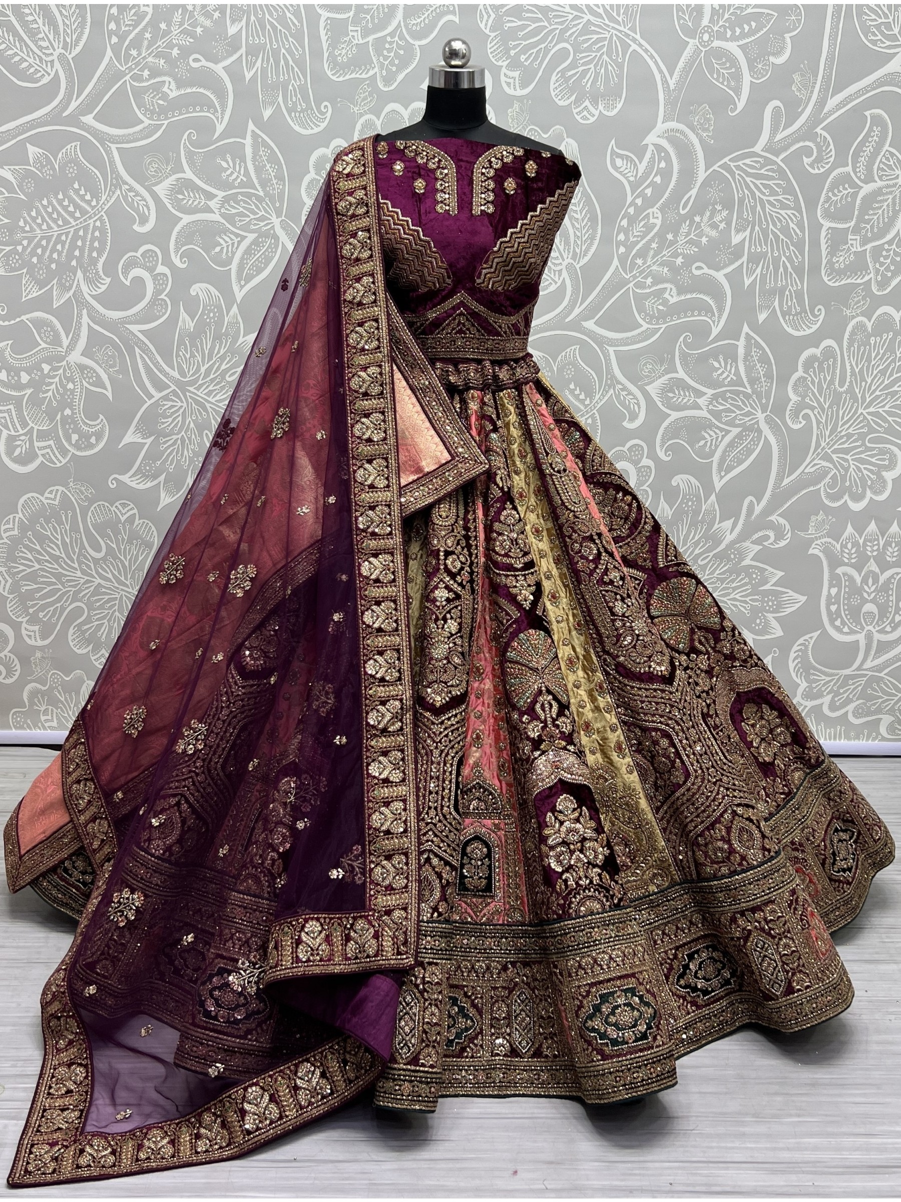 Pure Micro Velvet Bridal  Wear Lehenga In Purple Color With Embroidery Work 