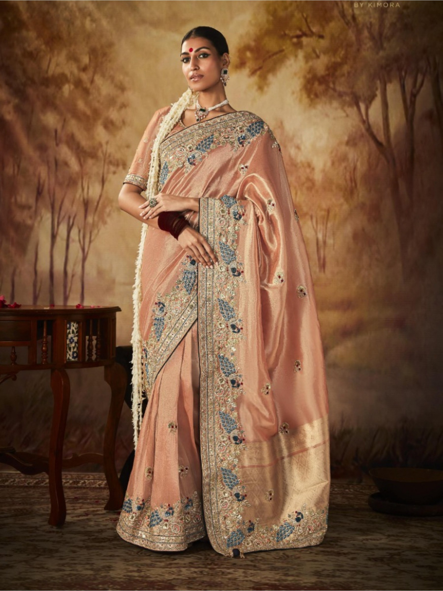 Pure Banarasi Kanjivaram Silk Saree In Peach Color With Embroidery  Work