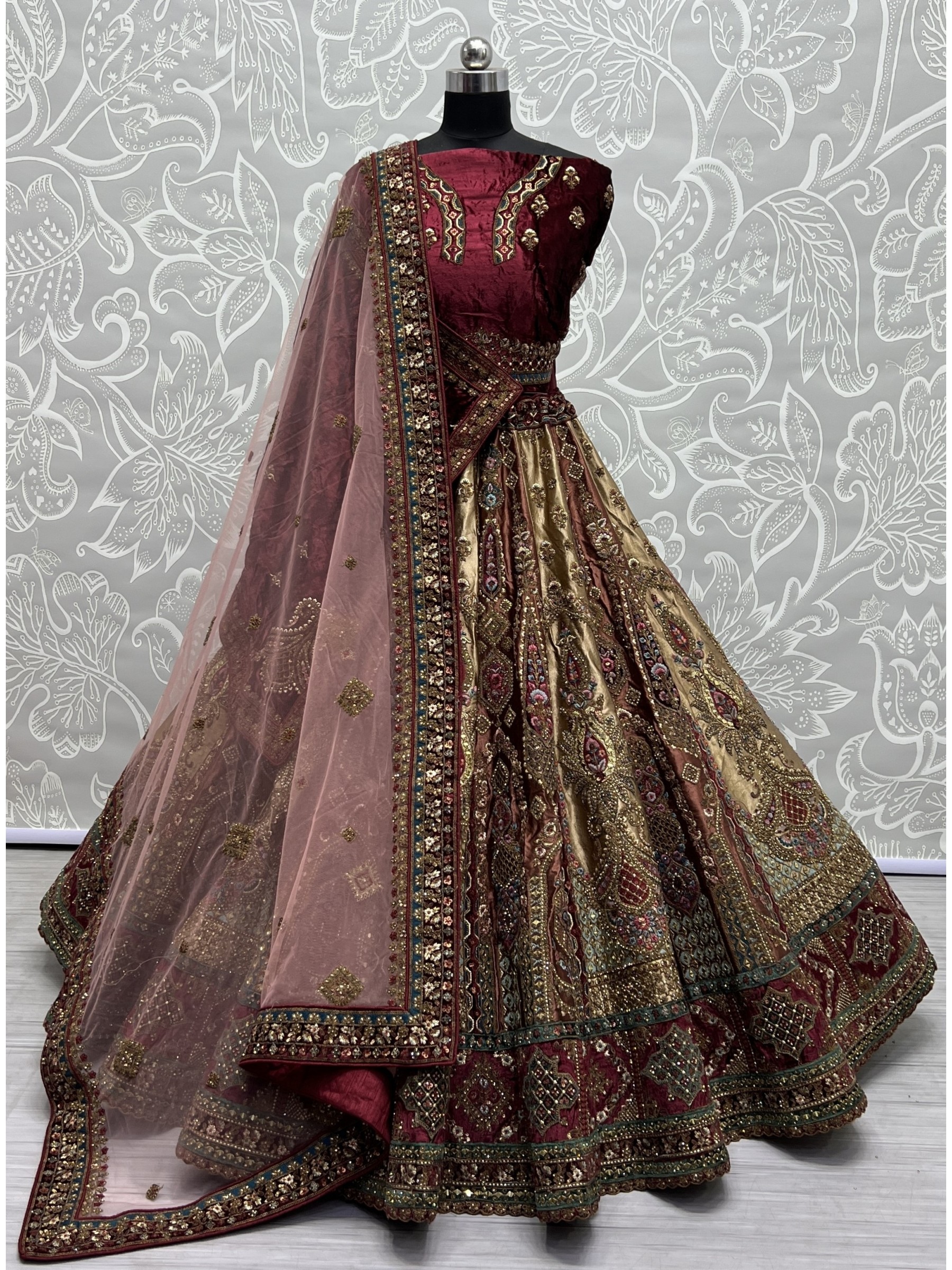Pure Micro Velvet Bridal  Wear Lehenga In Gold Color With Embroidery Work 