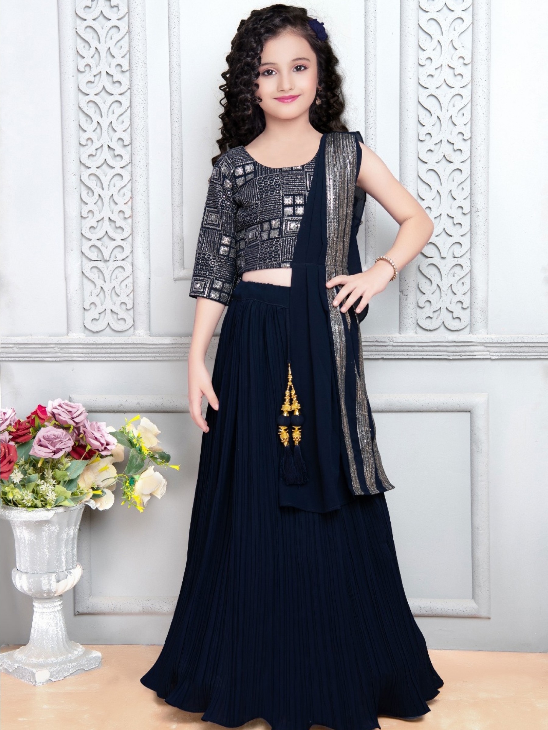 Georgette  Party Wear Kids Lehenga In Blue With Embroidery Work 