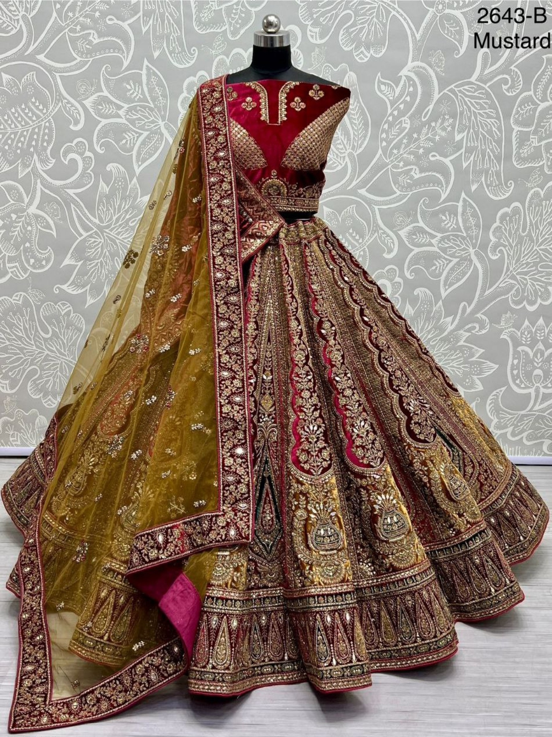 Pure Micro Velvet Wedding Wear Lehenga In Mustard Color With Embroidery Work