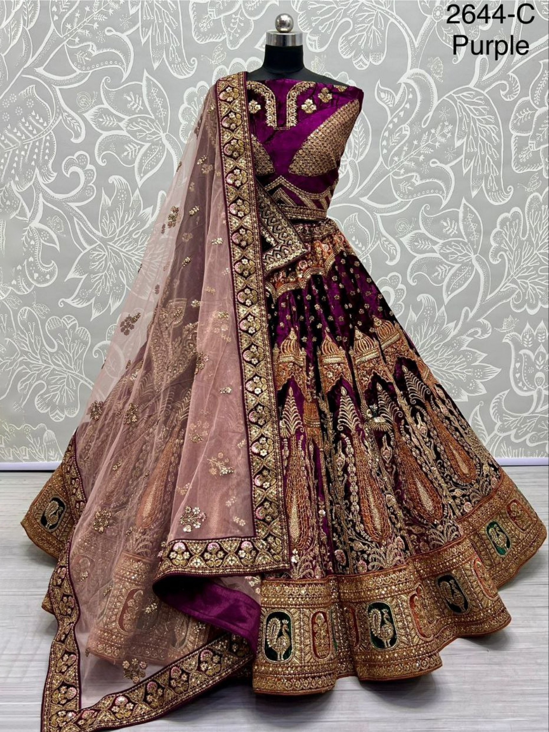 Pure Micro Velvet Wedding Wear Lehenga In Purple Color With Embroidery Work