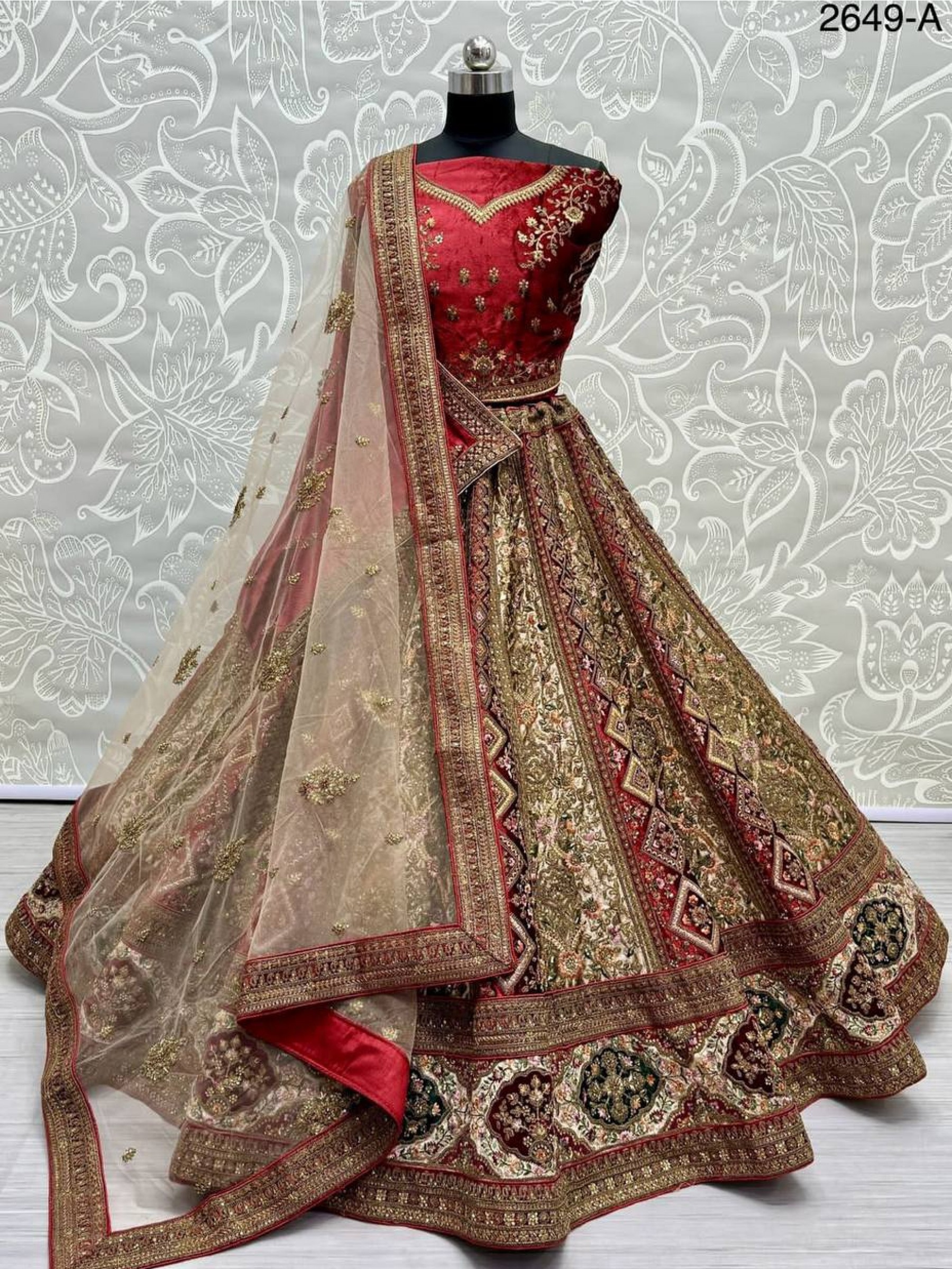 Pure Micro Velvet Wedding Wear Lehenga In Red Color With Embroidery Work