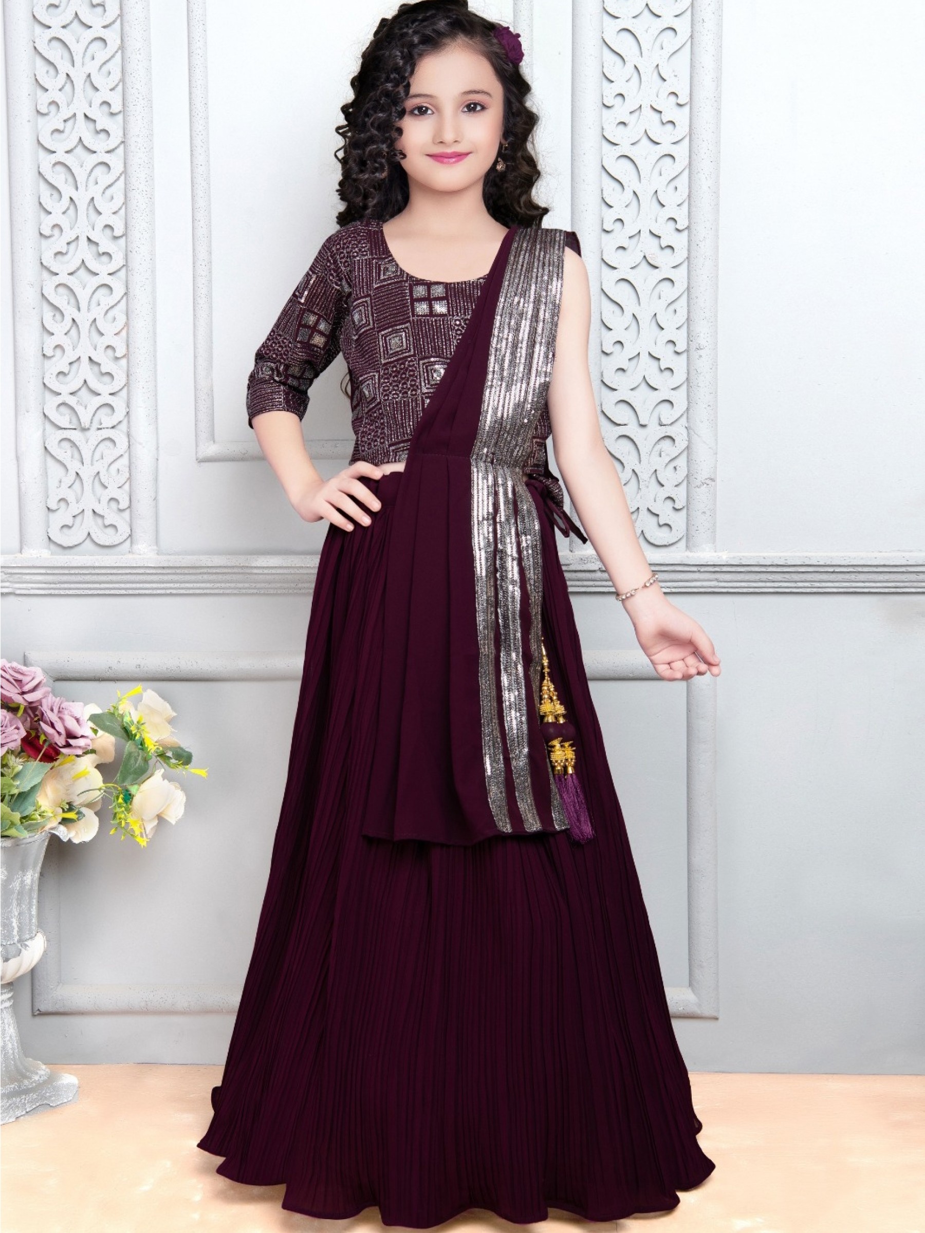 Georgette  Party Wear Kids Lehenga In Wine With Embroidery Work 