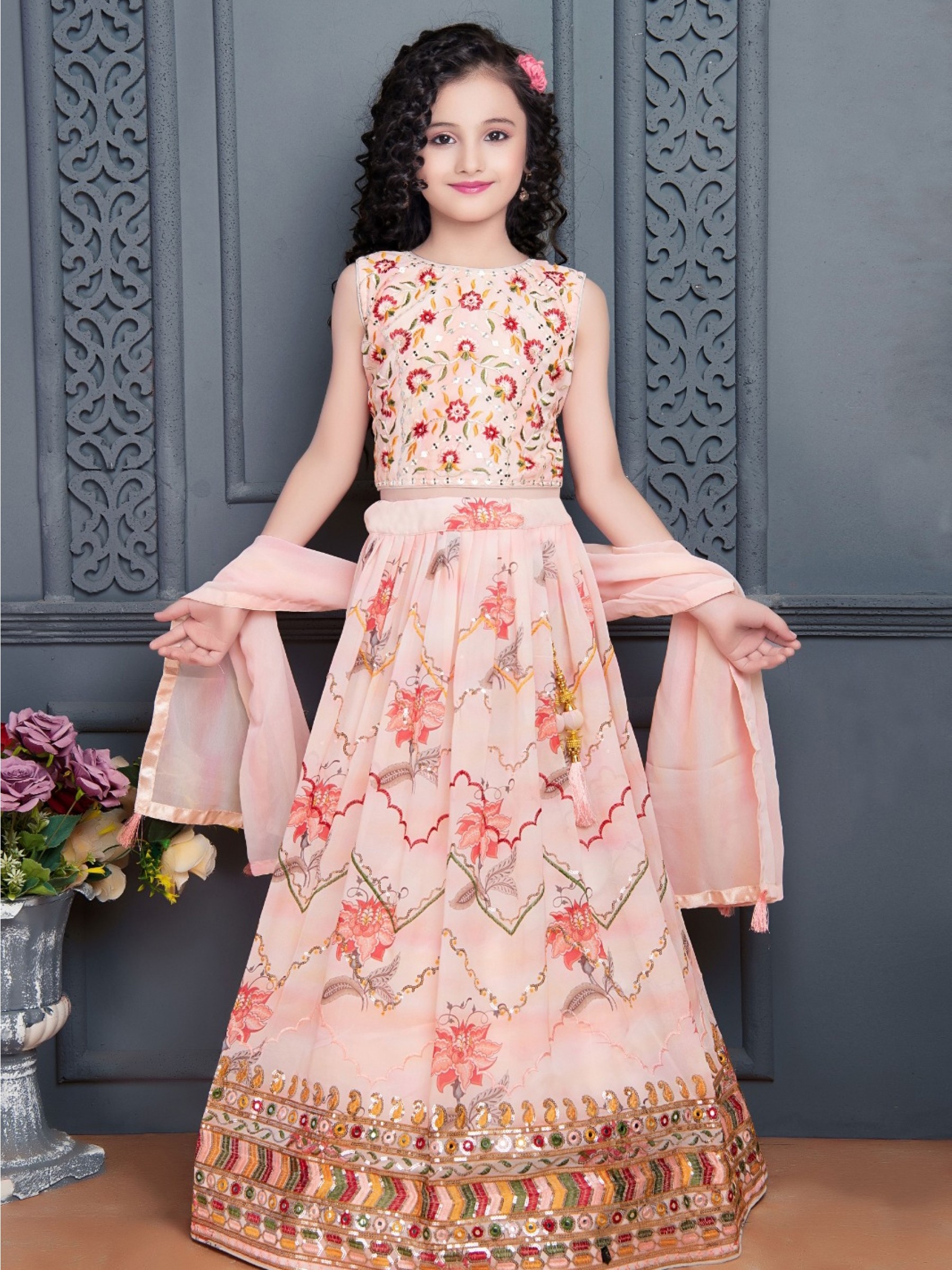 Georgette  Party Wear Kids Lehenga In Peach With Embroidery Work 