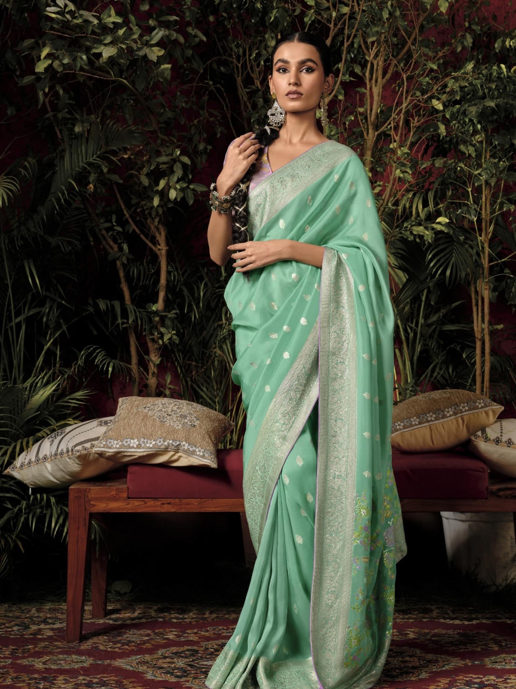  Pure Viscose Silk Party Wear Saree In Sea  Green  Color 