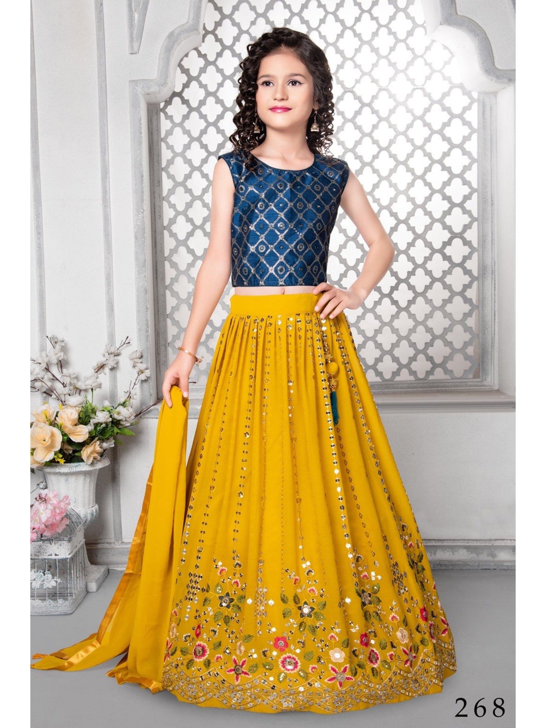 Georgette  Party Wear Kids Lehenga In Yellow With Embroidery Work 