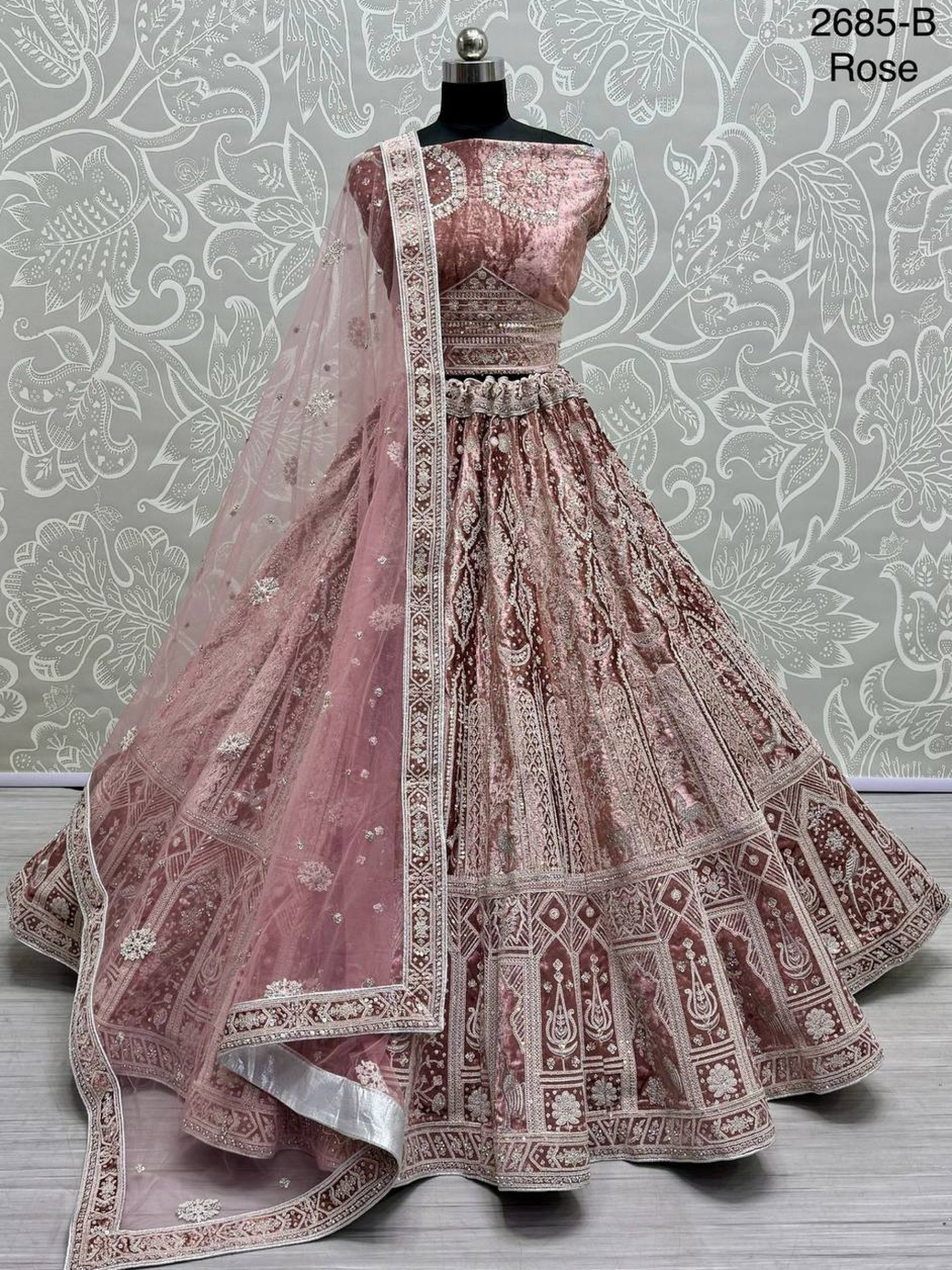 Pure Micro velvet Wedding Wear Lehenga In Rose Color With Embroidery Work
