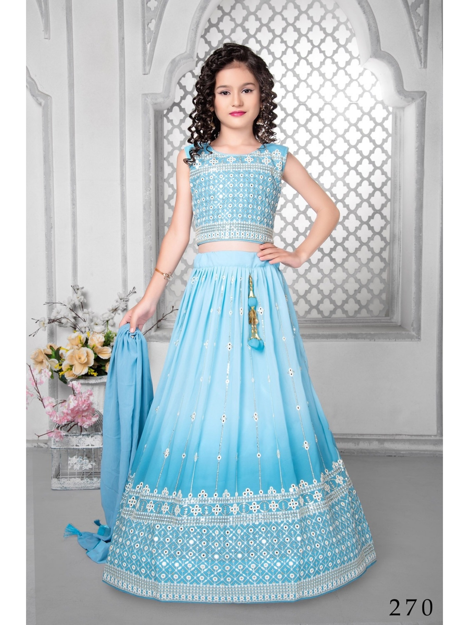 Georgette  Party Wear Kids Lehenga In Blue With Embroidery Work 