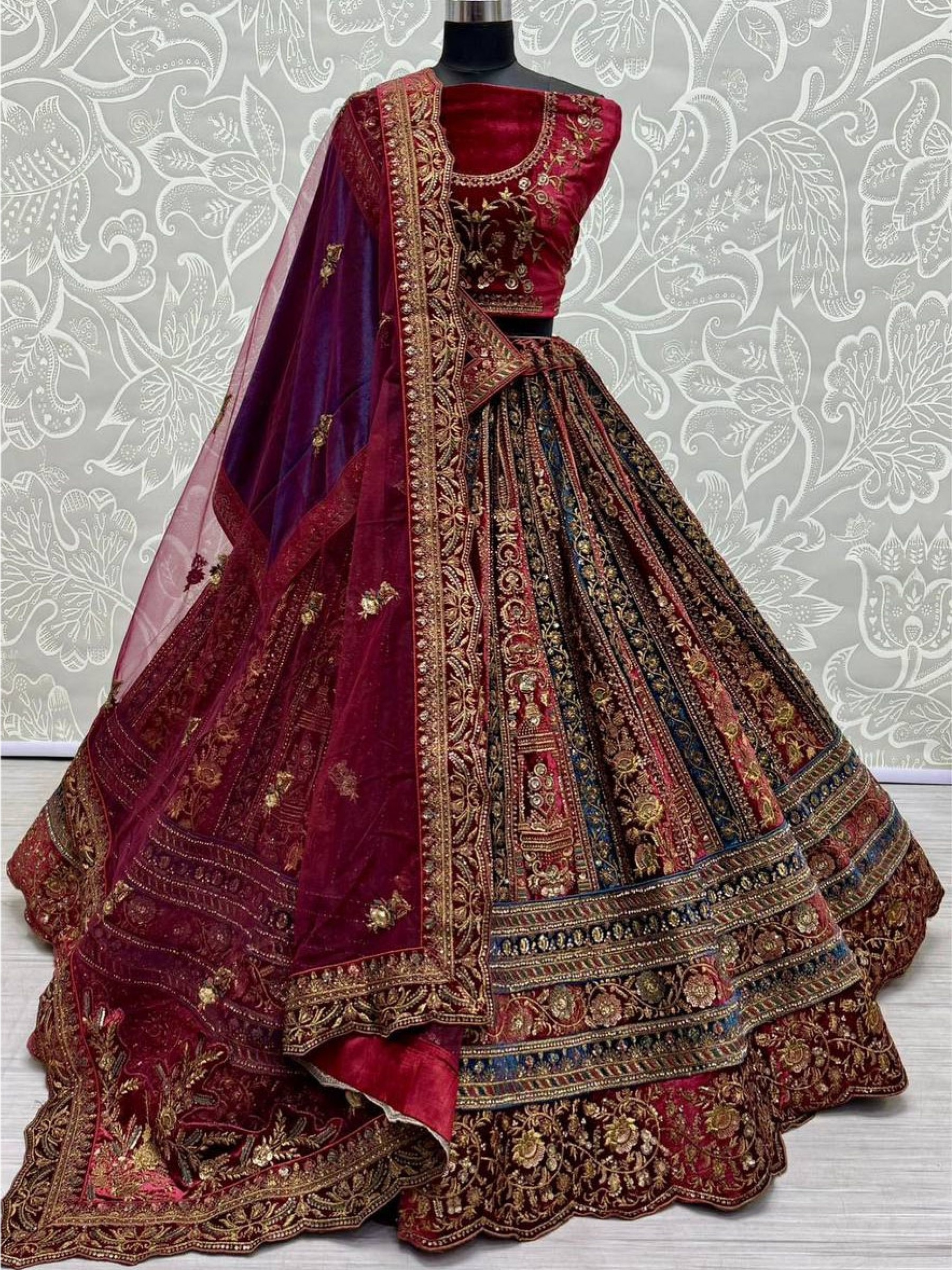 Pure Micro velvet Wedding Wear Lehenga In Maroon Color With Embroidery Work