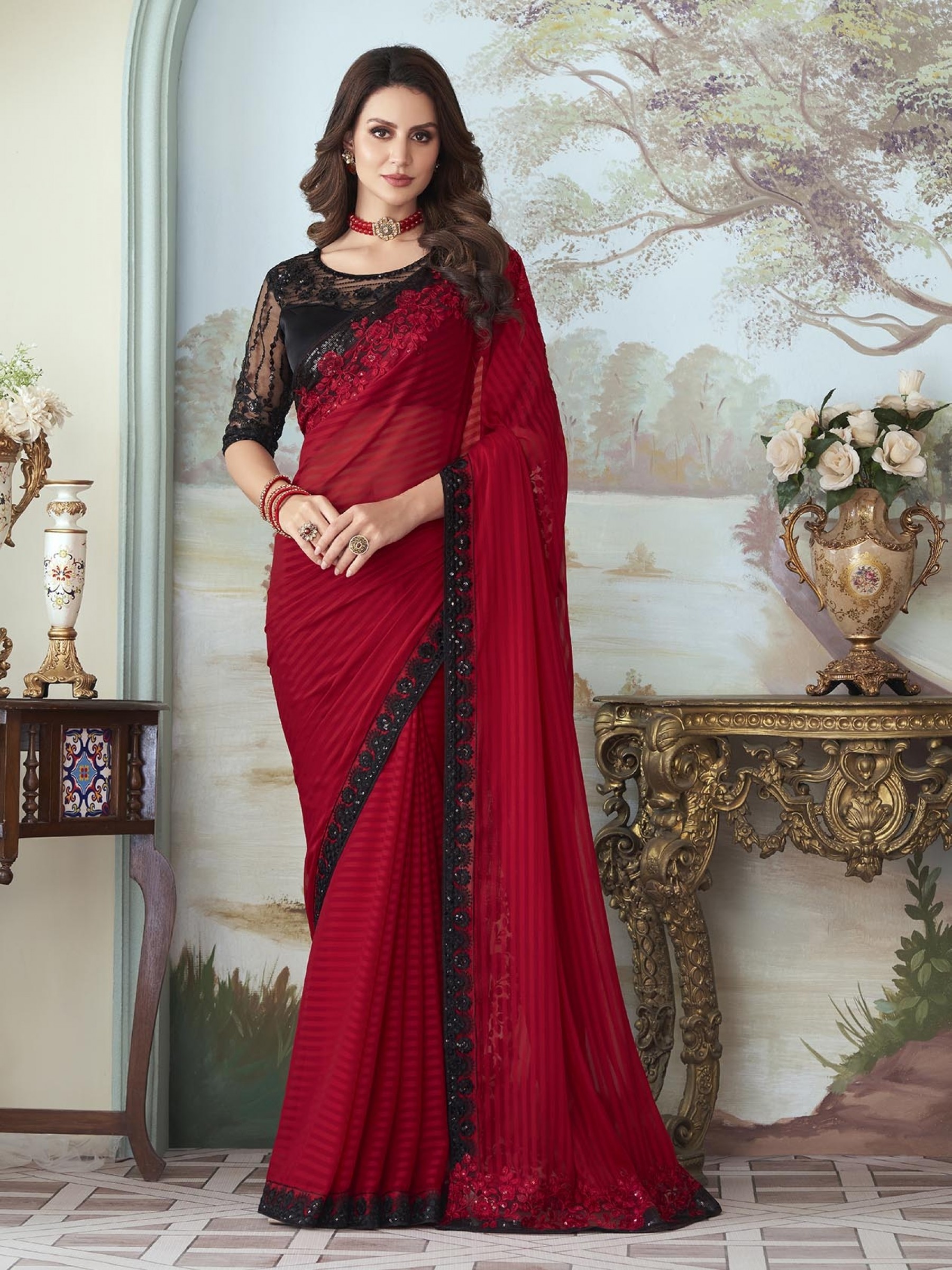 Simmer Silk  Saree Red Color With Embroidery Work