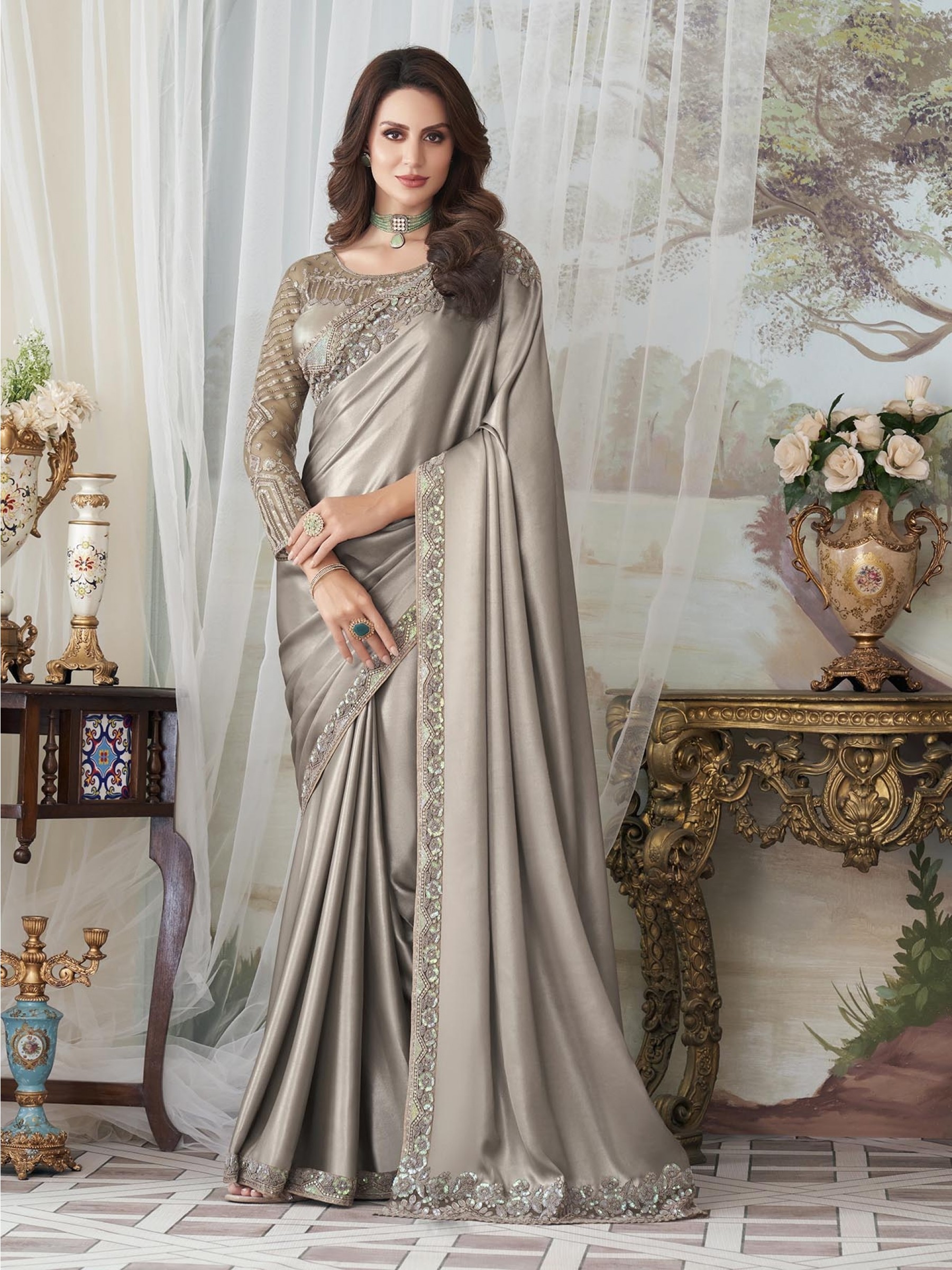 Milano Silk  Saree Grey Color With Embroidery Work