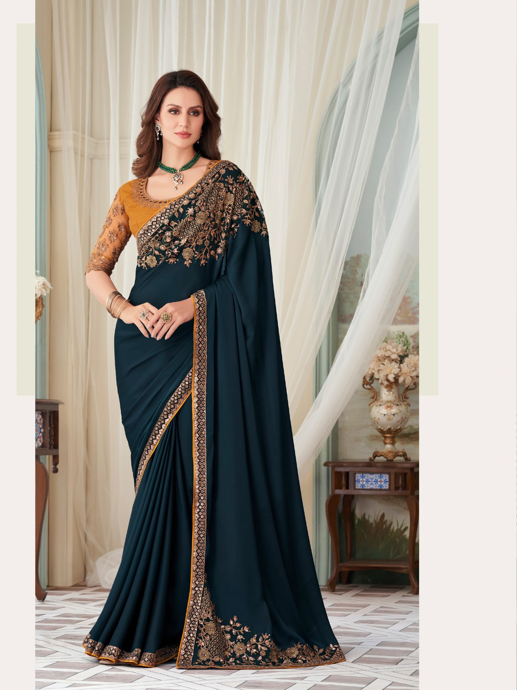 Milano Silk  Saree Teal Blue  Color With Embroidery Work