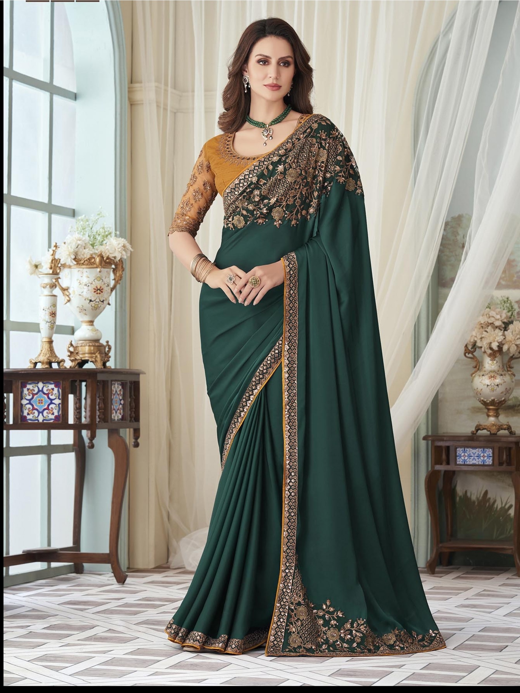 Milano Silk  Saree Teal Green  Color With Embroidery Work