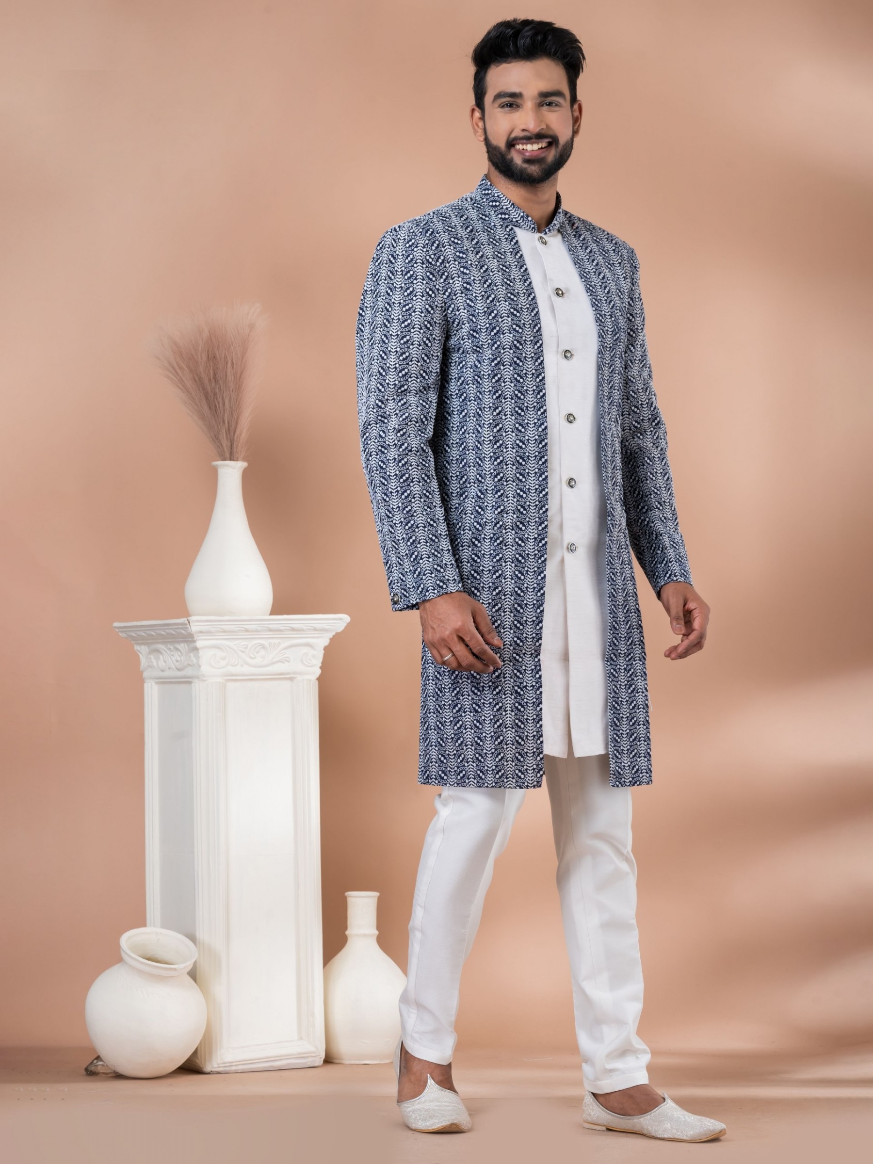 Cotton Embrodery & Banarasi Dhupion Silk Fabric IndoWestern Ready Made Dress in White & Navy Blue Color