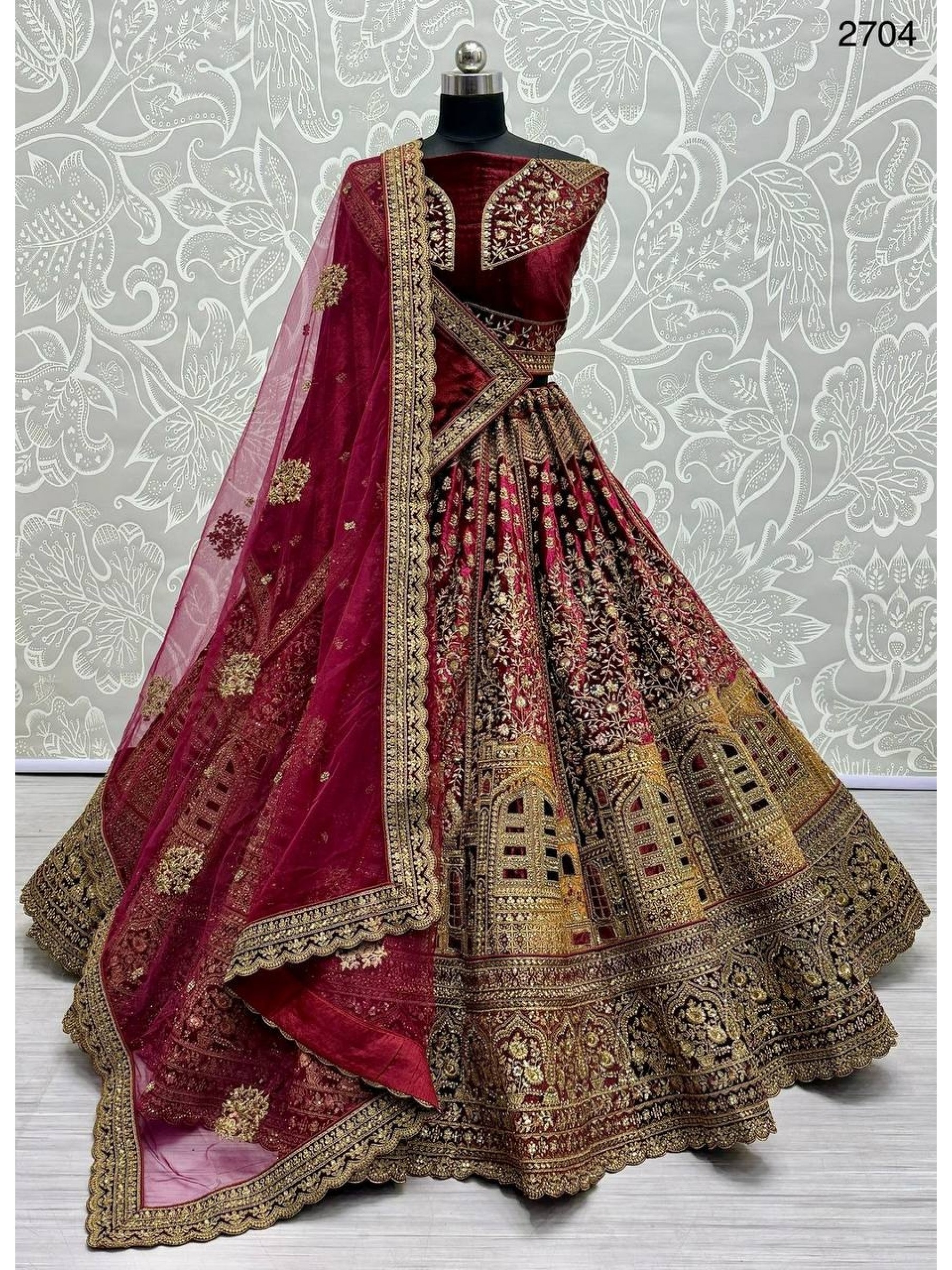 Pure Micro Velvet Bridal  Wear Lehenga In  Maroon Color With Embroidery Work 