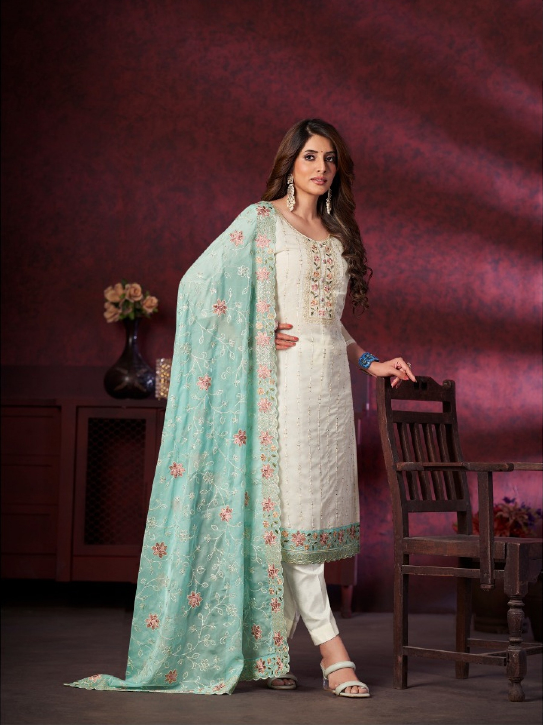 Organza Silk Party Wear  Suit  in White & Blue Color with  Embroidery Work