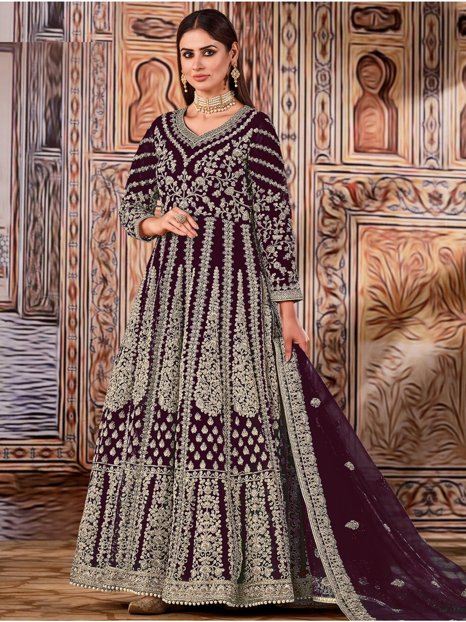 Soft Premium Net Party Wear Gown In Wine Color with Embroidery Work