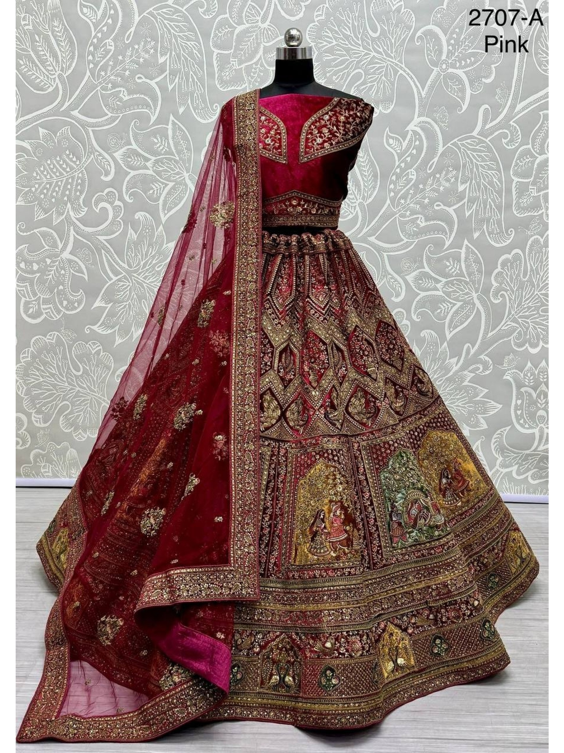 Pure Micro Velvet Bridal  Wear Lehenga In  Pink Color With Embroidery Work 