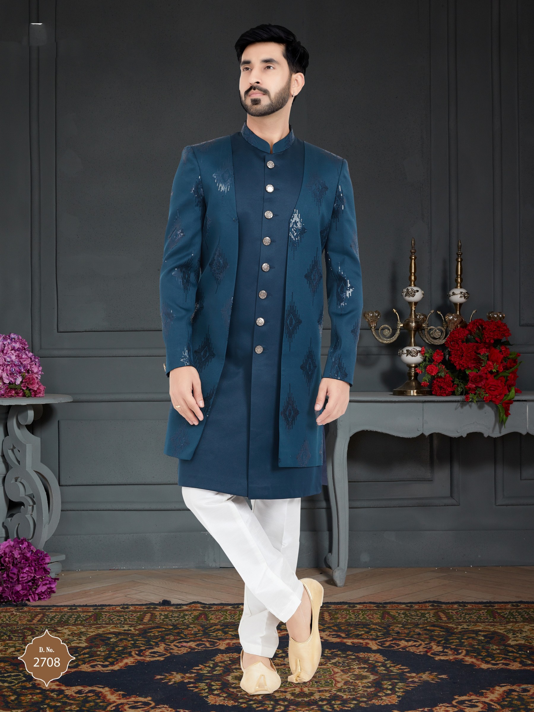 Jacquard Silk IndoWestern Ready Made Dress in Teal Blue Color 
