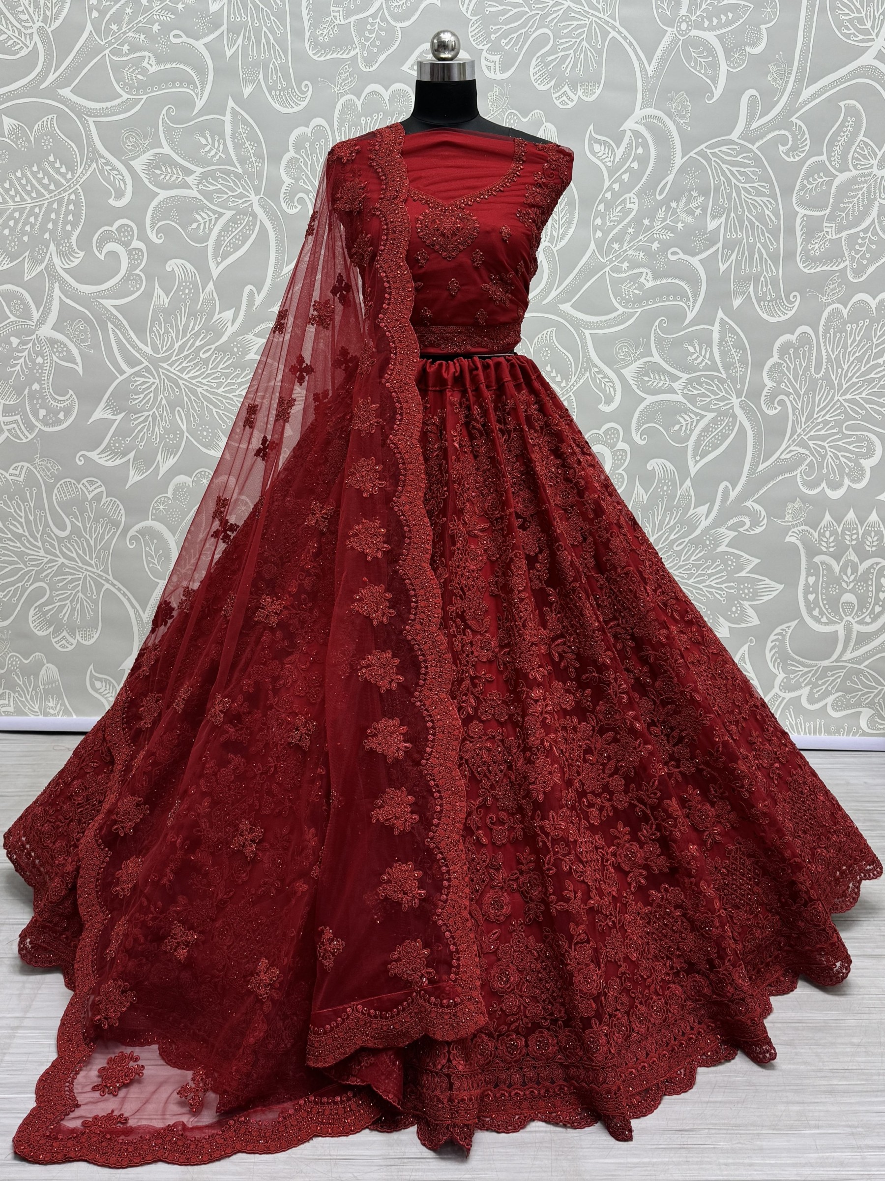 Soft Premium Net Wedding Wear Lehenga In  Red Color With Embroidery Work